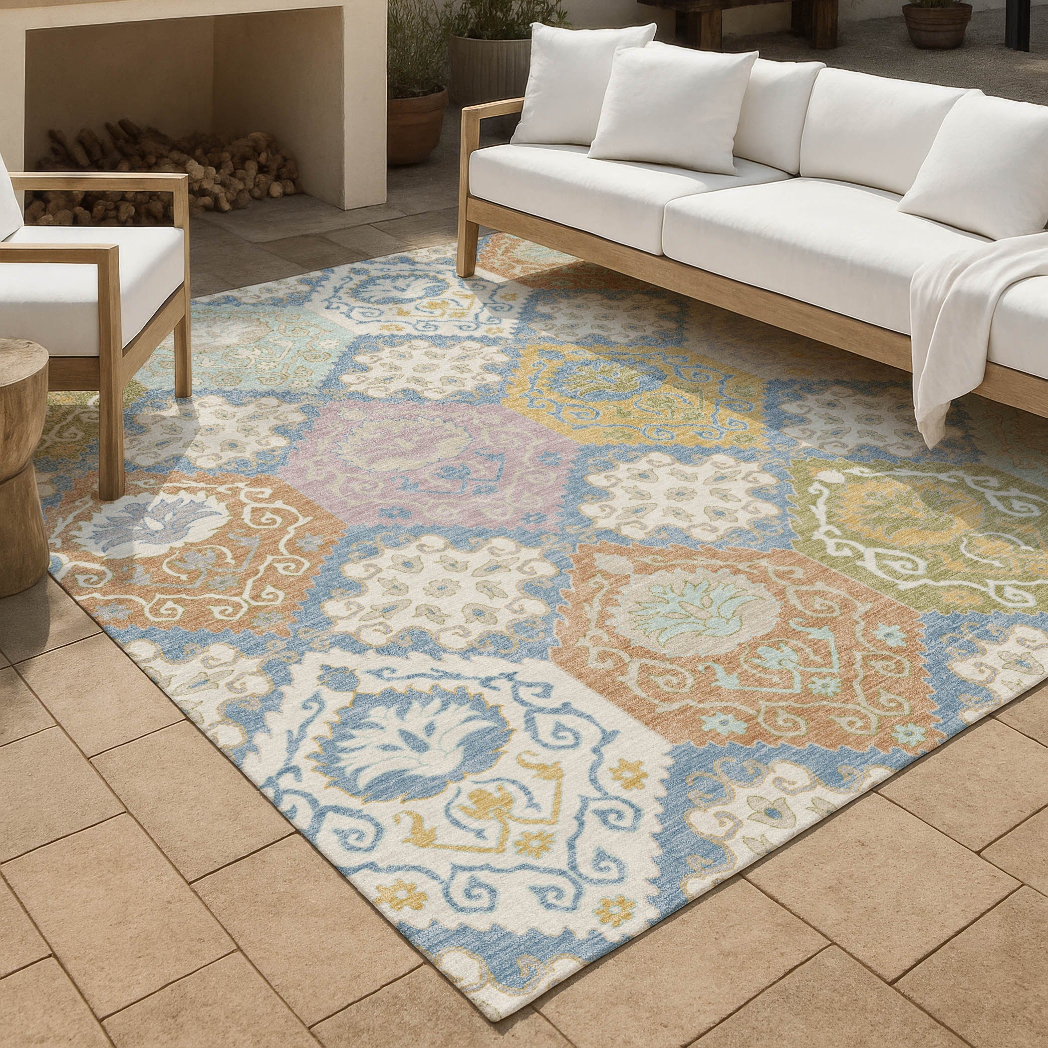 9' X 12' Denim Blue And Ivory Geometric Washable Indoor Outdoor Area Rug Homeroots Outdoor