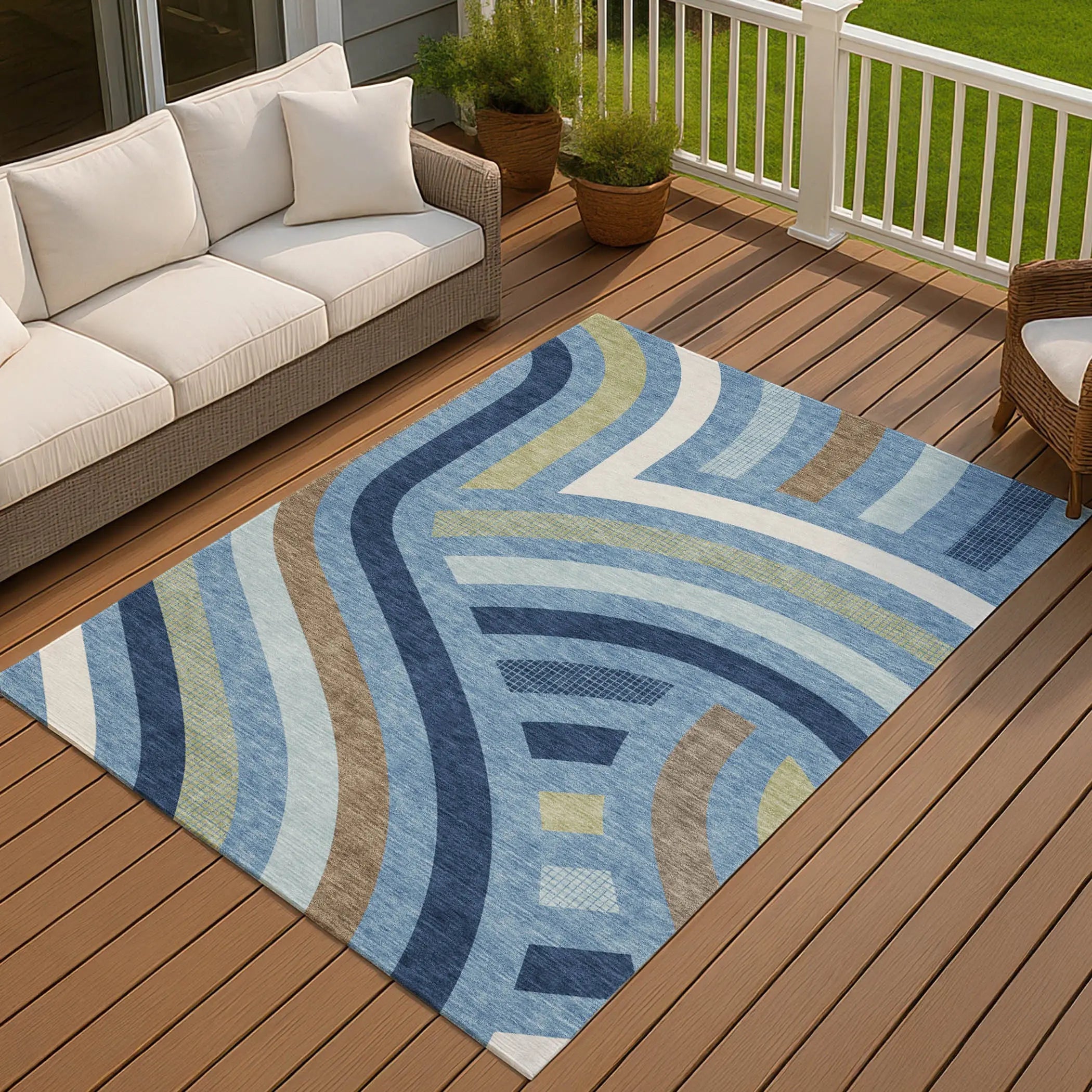 9' X 12' Denim Blue And Navy Blue Abstract Washable Indoor Outdoor Area Rug Homeroots Outdoor