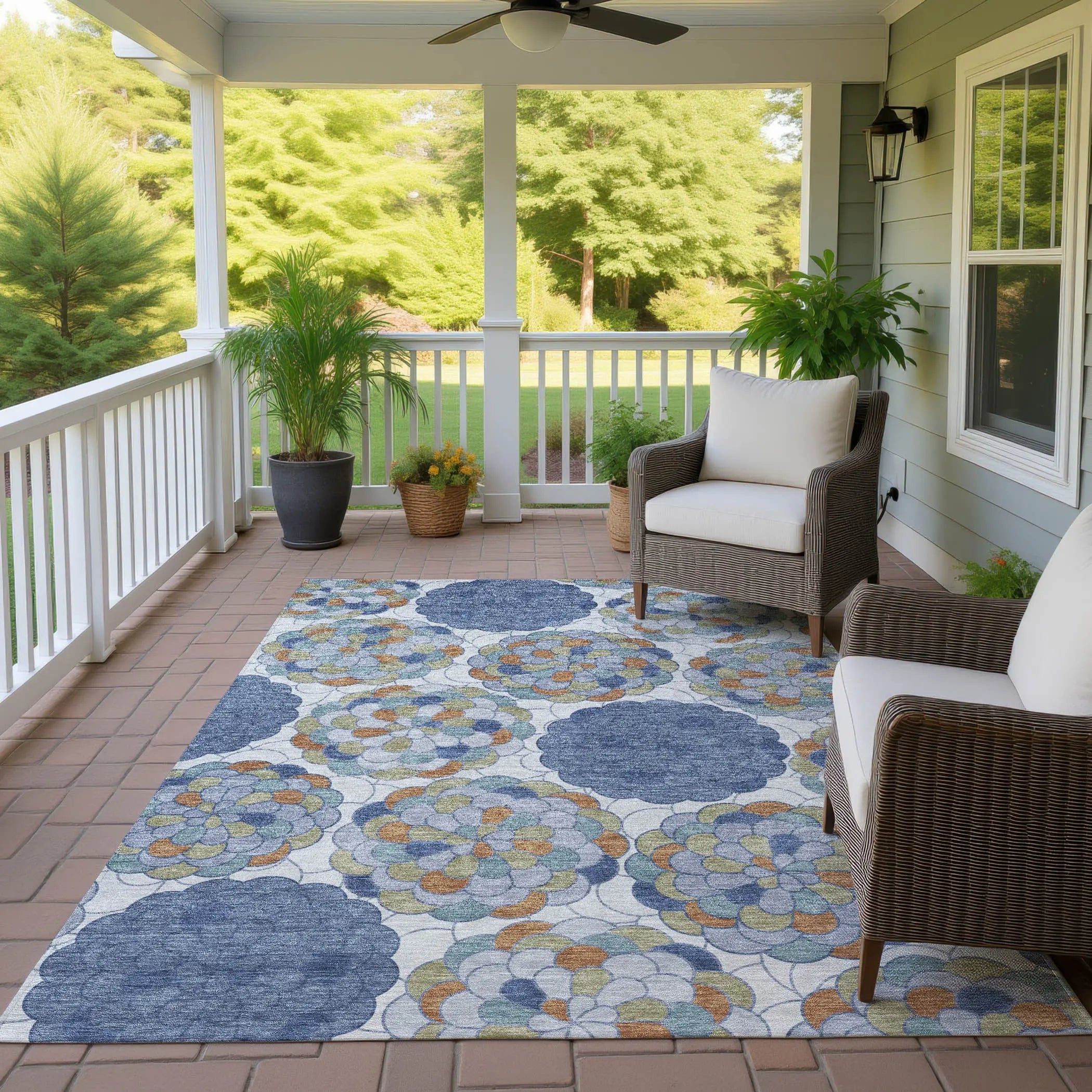 9' X 12' Denim Blue And Silver Floral Washable Indoor Outdoor Area Rug Homeroots Outdoor