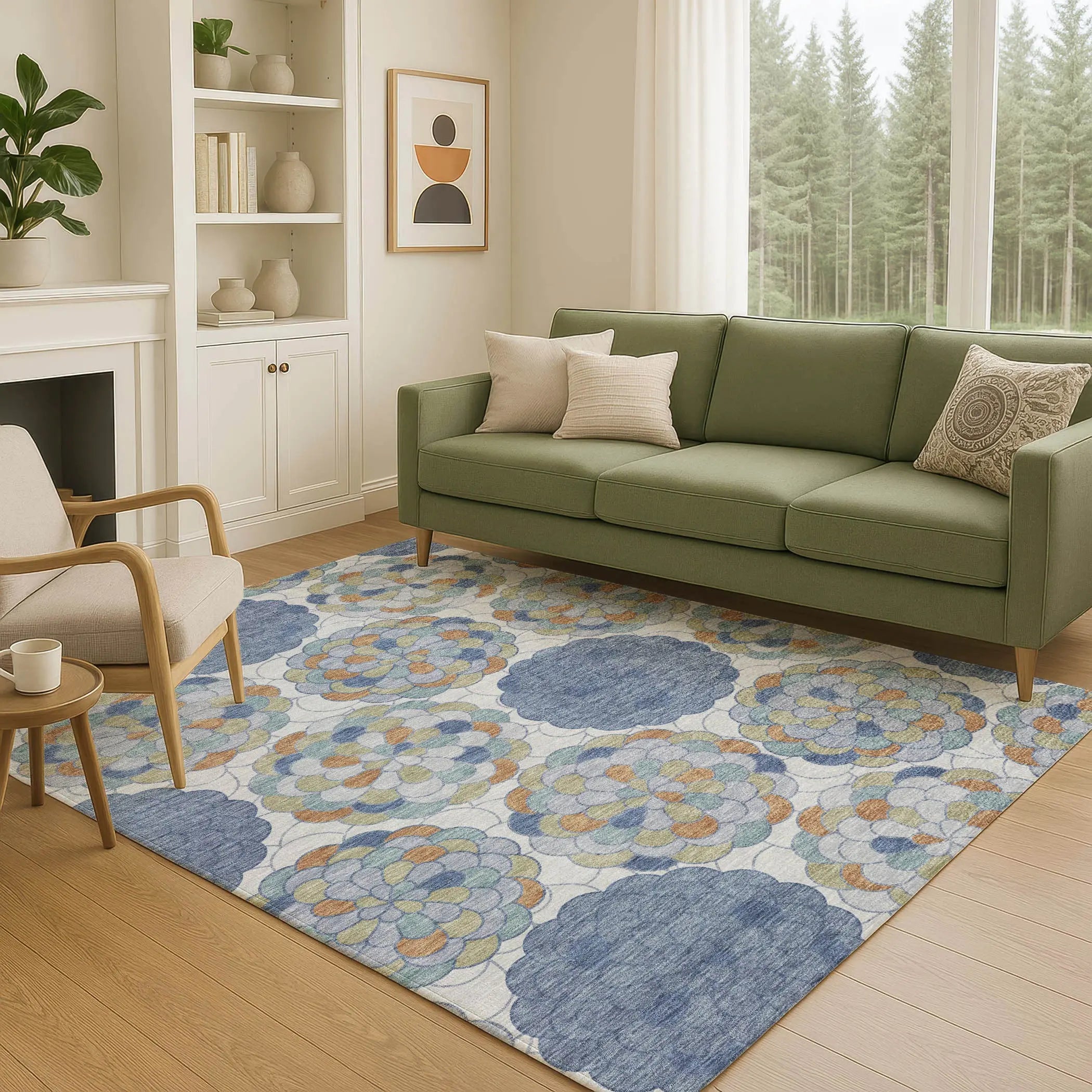 9' X 12' Denim Blue And Silver Floral Washable Indoor Outdoor Area Rug Homeroots Outdoor