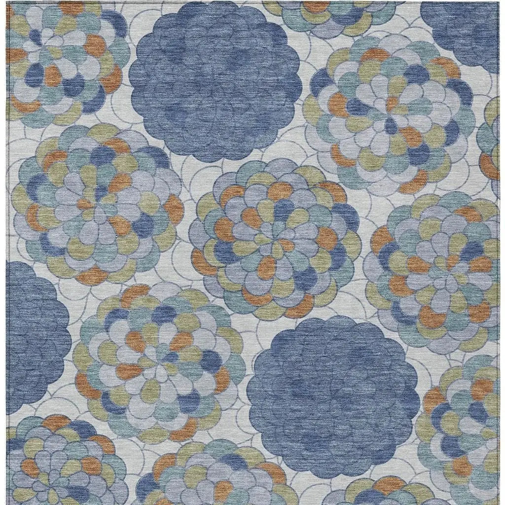 9' X 12' Denim Blue And Silver Floral Washable Indoor Outdoor Area Rug Homeroots Outdoor