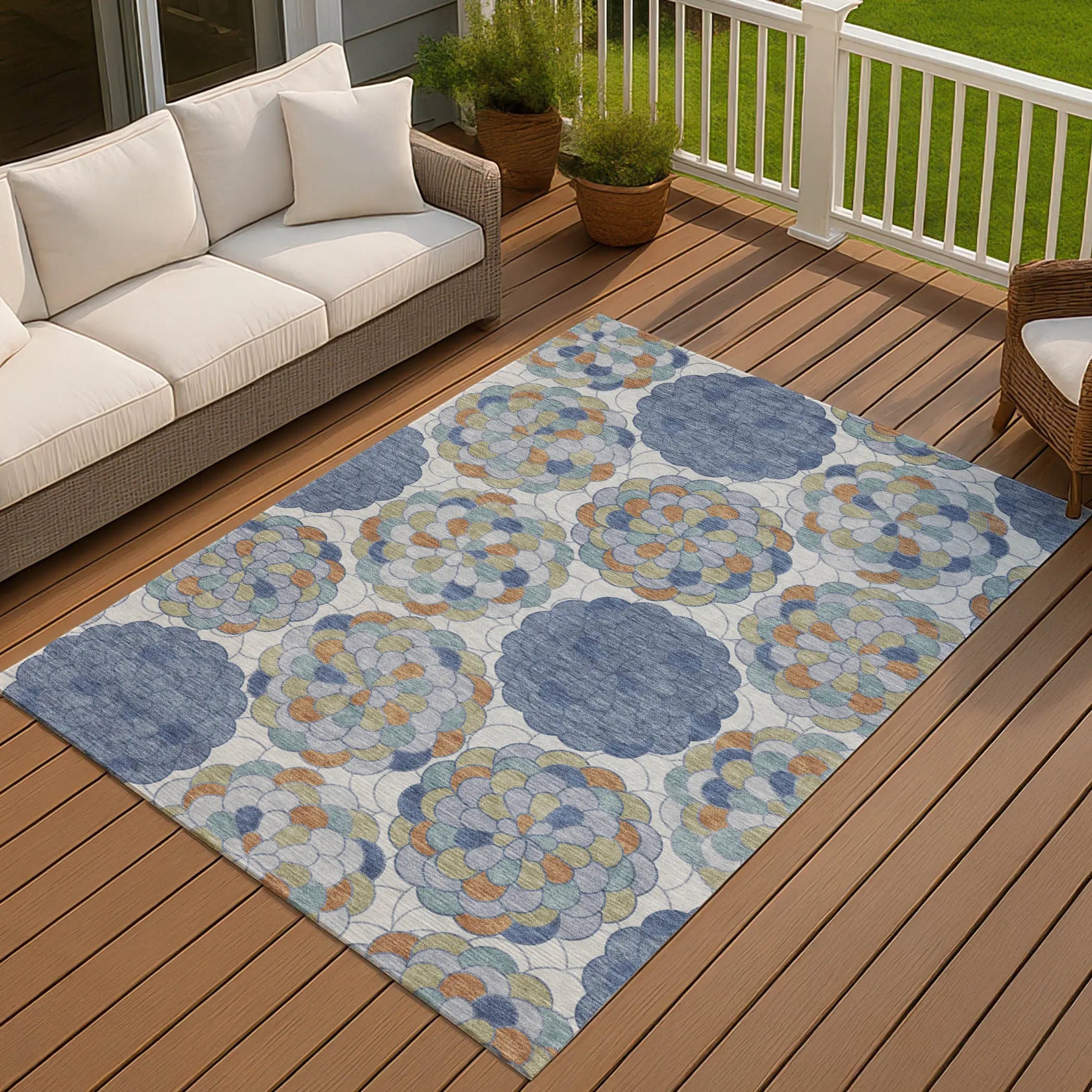 9' X 12' Denim Blue And Silver Floral Washable Indoor Outdoor Area Rug Homeroots Outdoor