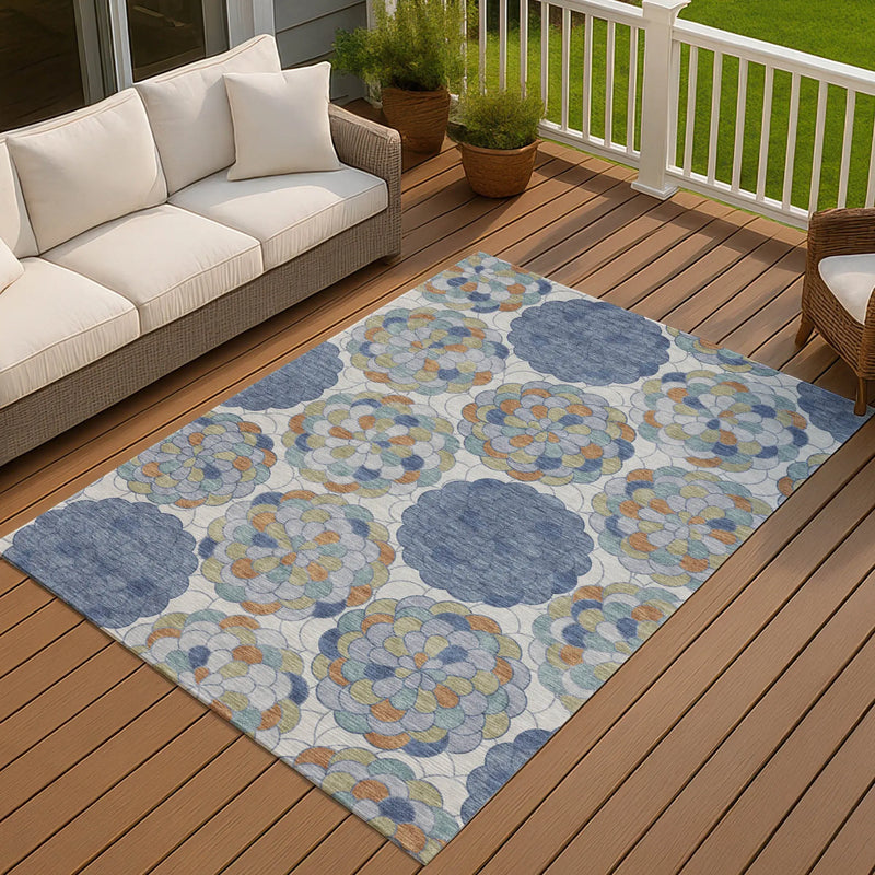 9' X 12' Denim Blue And Silver Floral Washable Indoor Outdoor Area Rug Homeroots Outdoor