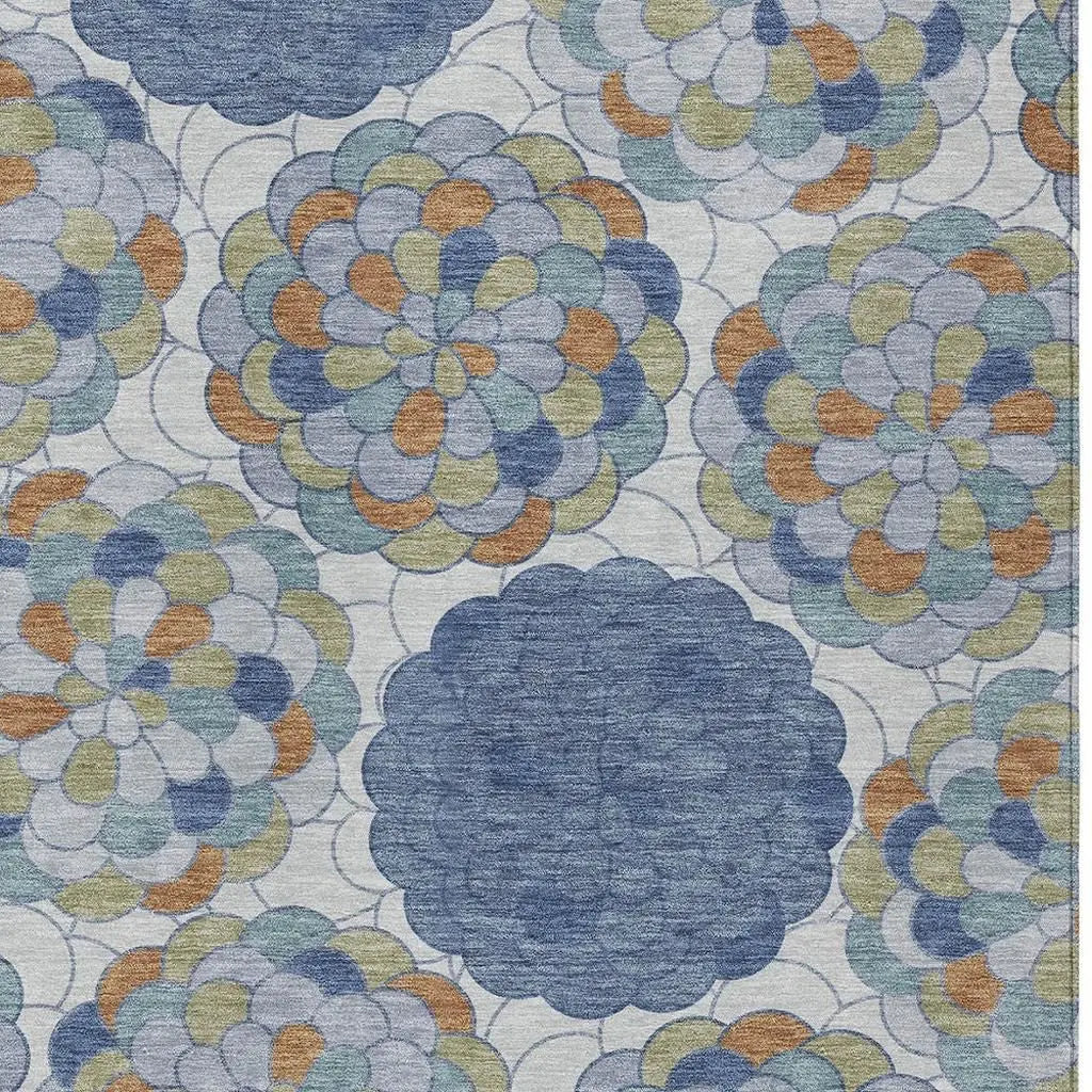 9' X 12' Denim Blue And Silver Floral Washable Indoor Outdoor Area Rug Homeroots Outdoor