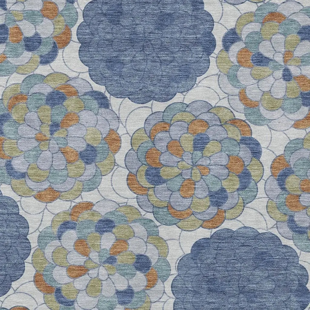 9' X 12' Denim Blue And Silver Floral Washable Indoor Outdoor Area Rug Homeroots Outdoor