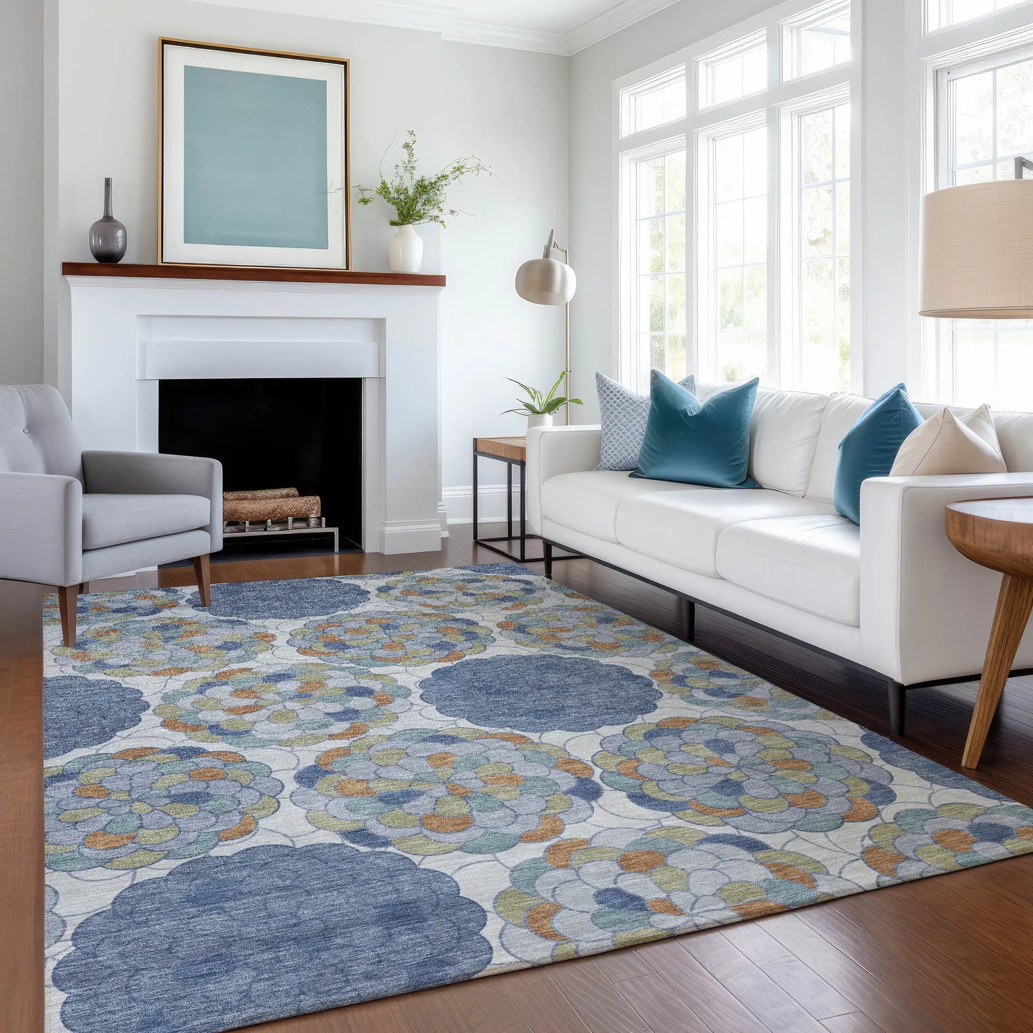 9' X 12' Denim Blue And Silver Floral Washable Indoor Outdoor Area Rug Homeroots Outdoor