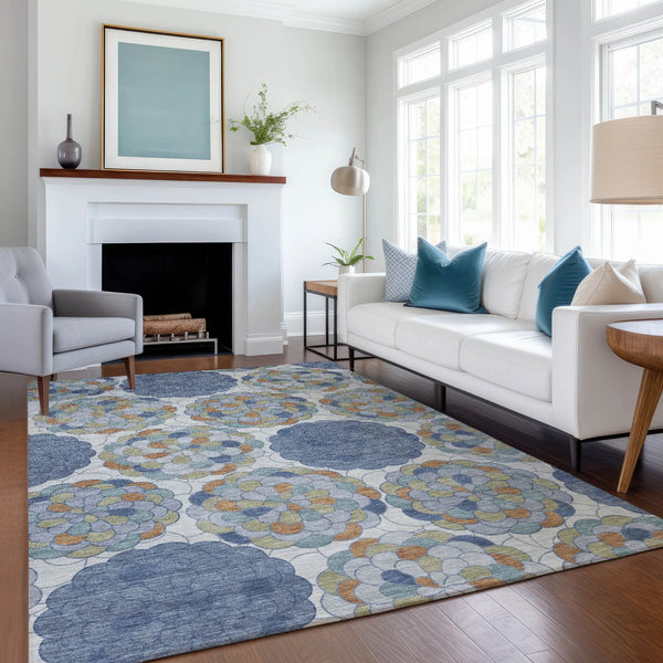 9' X 12' Denim Blue And Silver Floral Washable Indoor Outdoor Area Rug Homeroots Outdoor