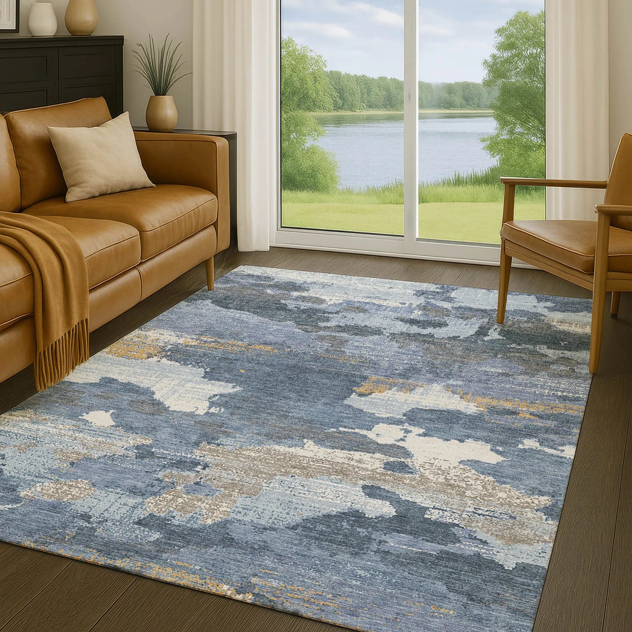 9' X 12' Denim Blue And Sky Blue Abstract Washable Indoor Outdoor Area Rug Homeroots Outdoor