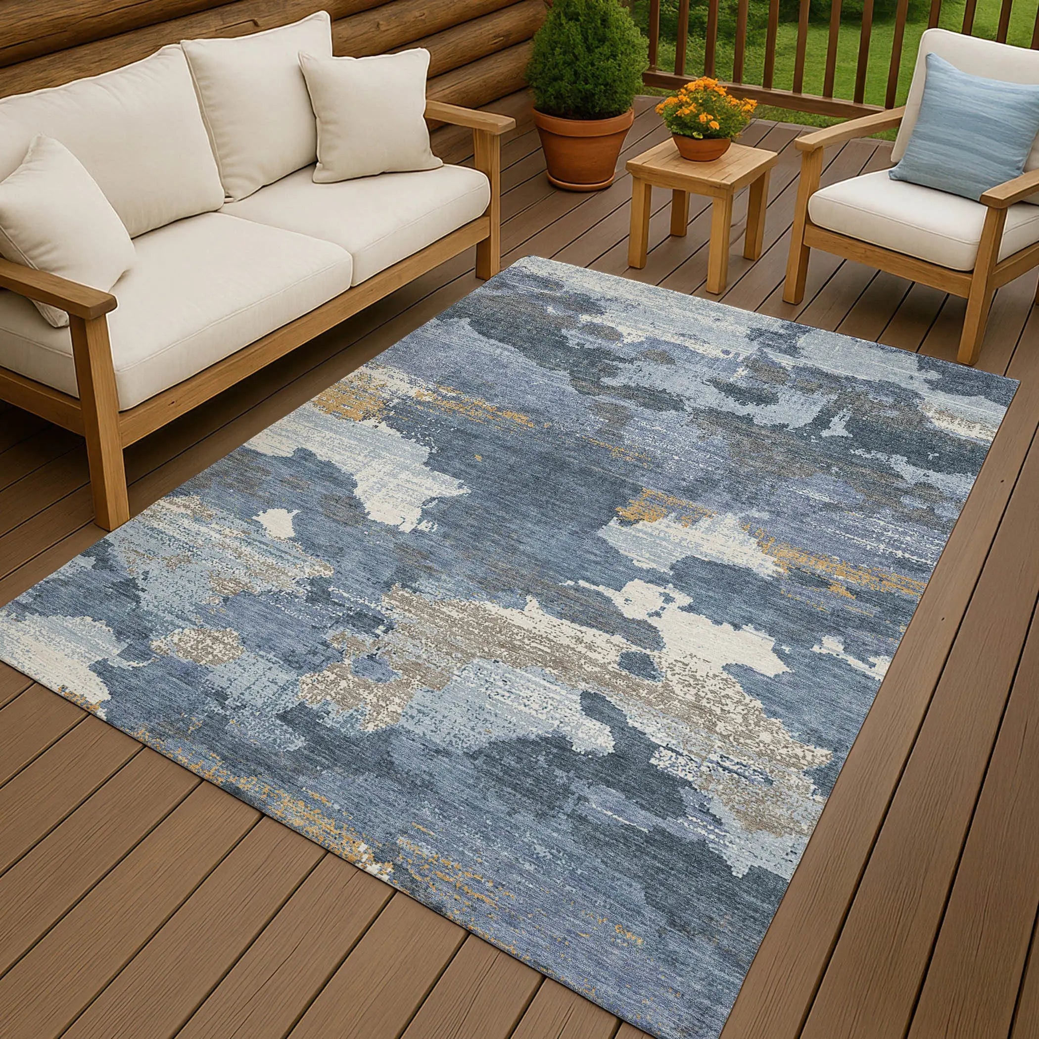 9' X 12' Denim Blue And Sky Blue Abstract Washable Indoor Outdoor Area Rug Homeroots Outdoor