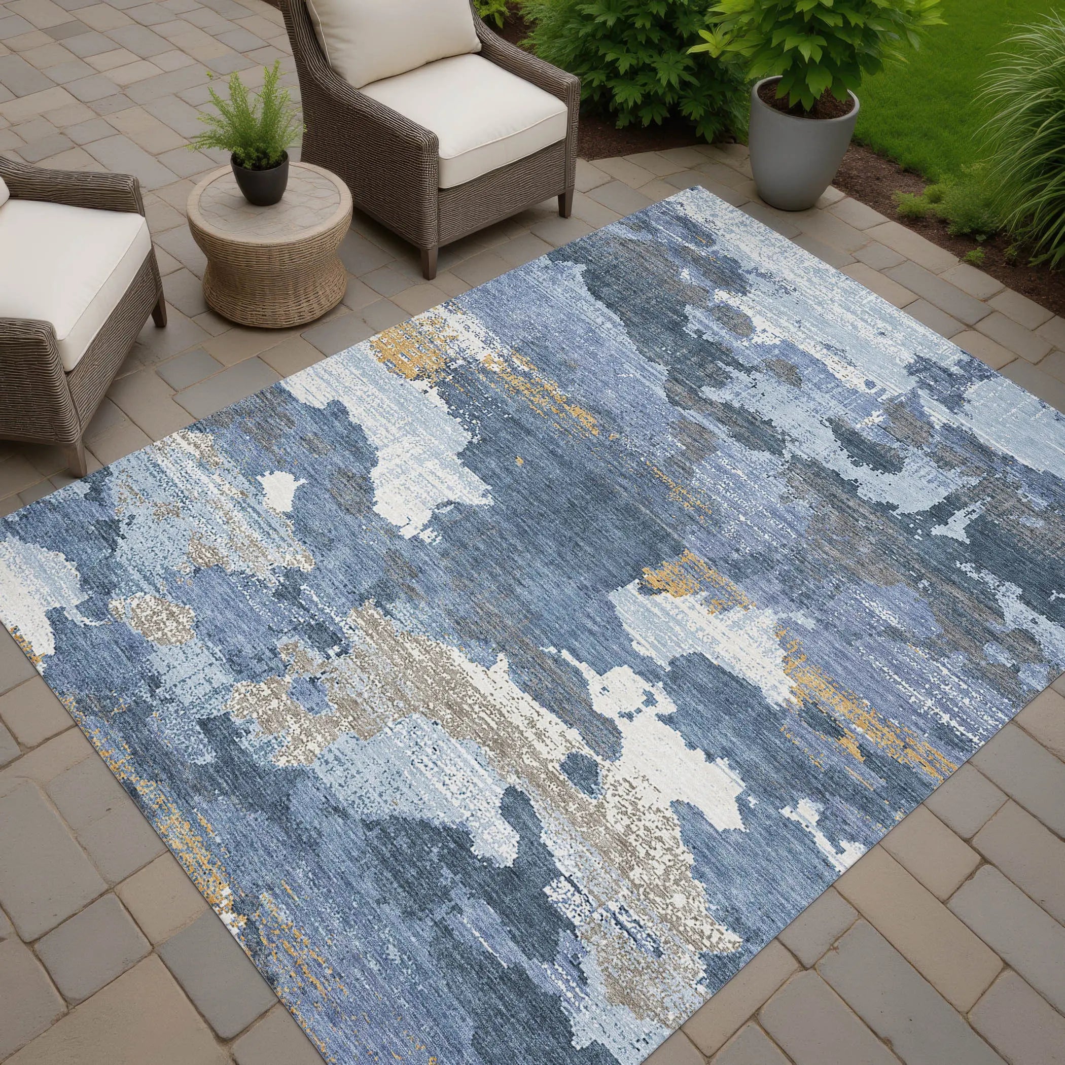 9' X 12' Denim Blue And Sky Blue Abstract Washable Indoor Outdoor Area Rug Homeroots Outdoor