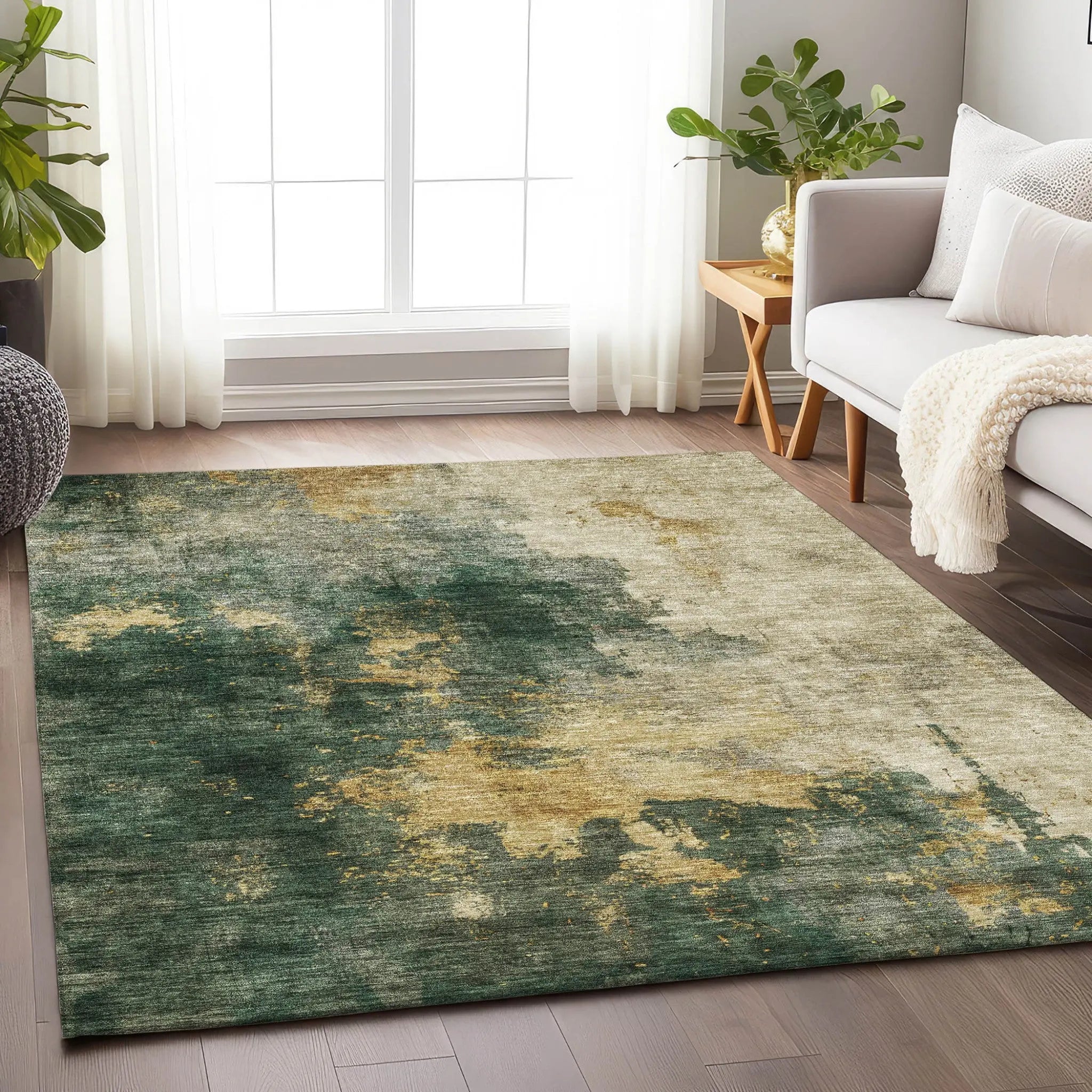 9' X 12' Fern Green And Gold Abstract Washable Indoor Outdoor Area Rug Homeroots Outdoor