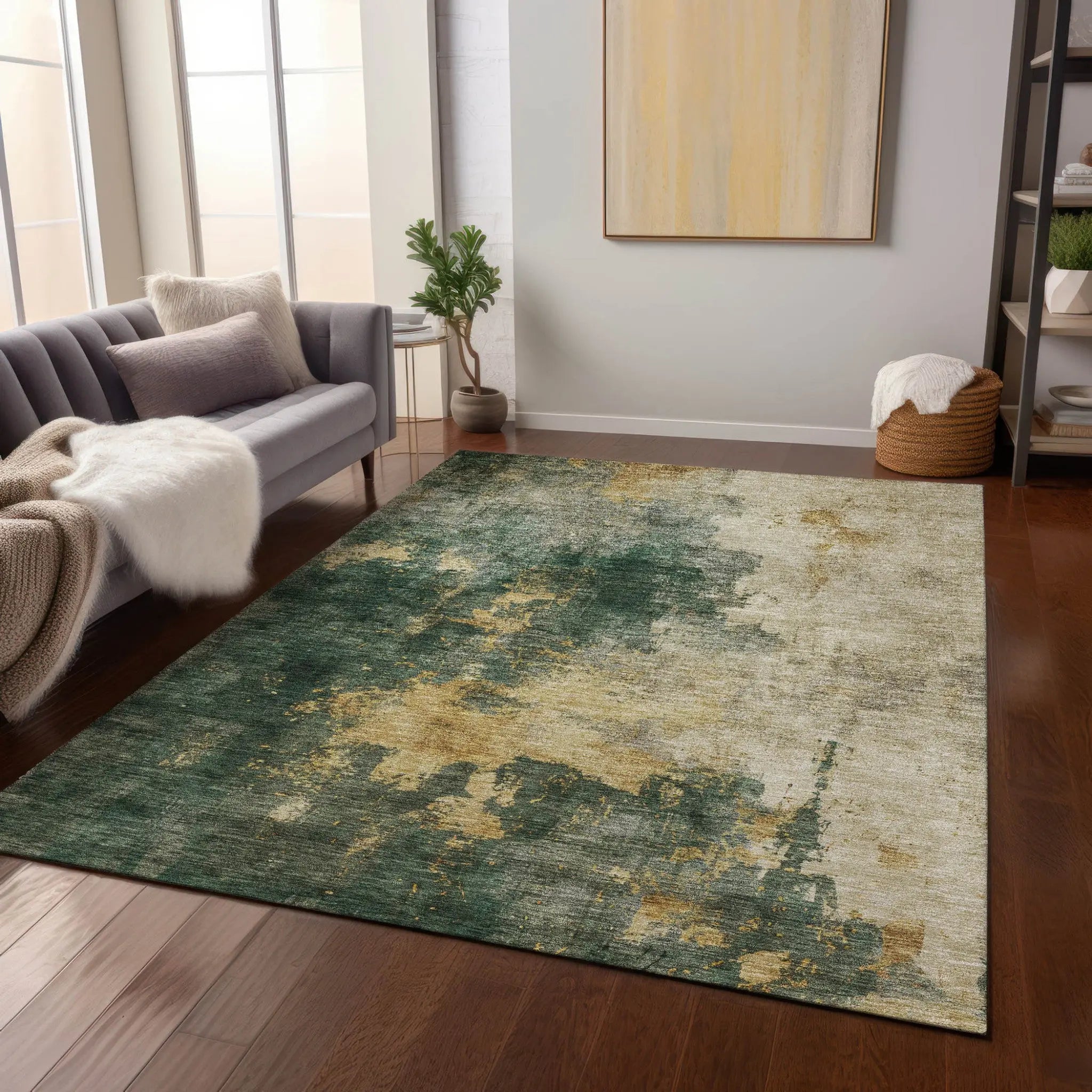 9' X 12' Fern Green And Gold Abstract Washable Indoor Outdoor Area Rug Homeroots Outdoor