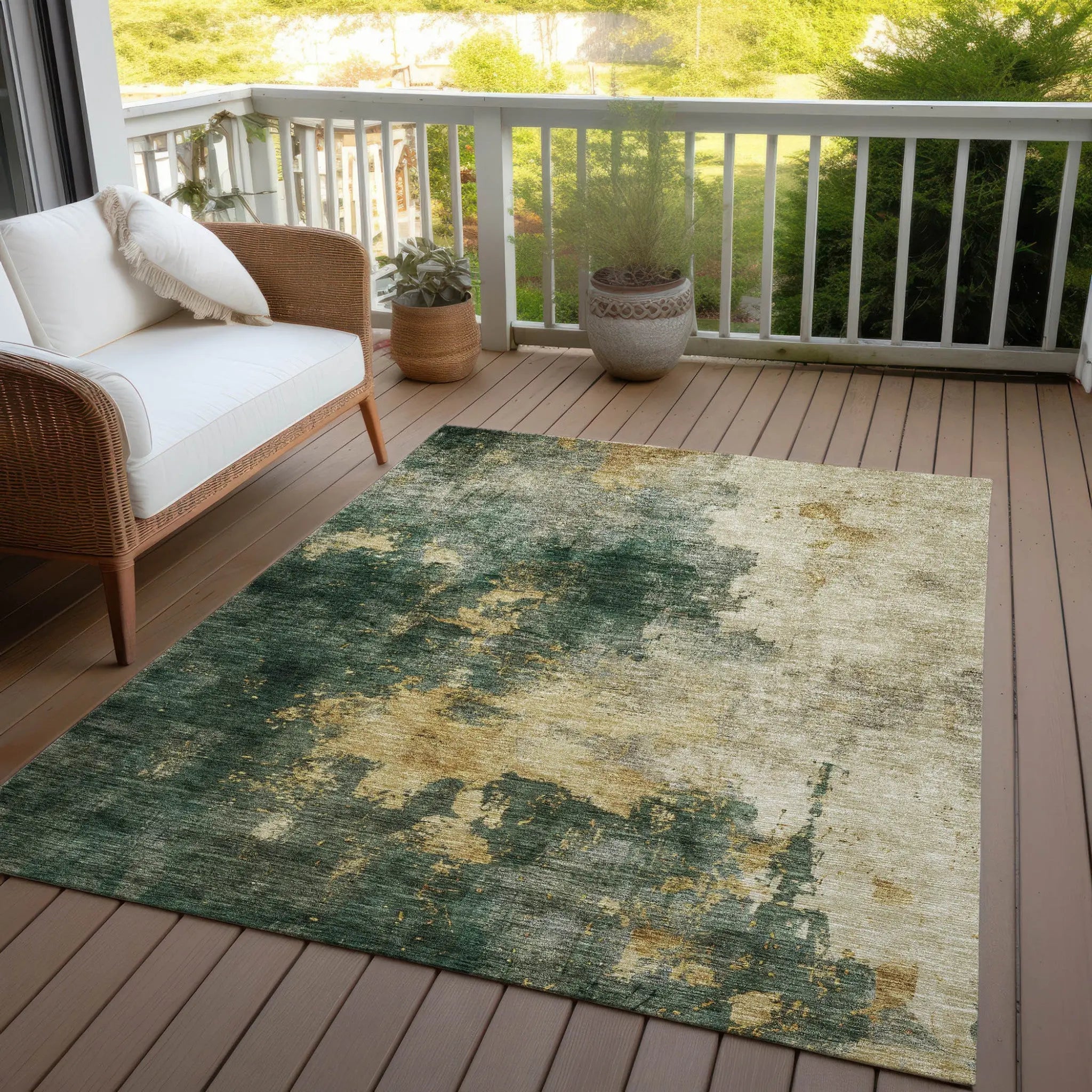 9' X 12' Fern Green And Gold Abstract Washable Indoor Outdoor Area Rug Homeroots Outdoor