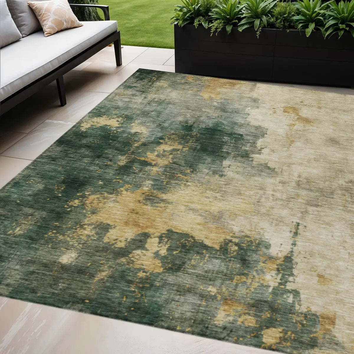 9' X 12' Fern Green And Gold Abstract Washable Indoor Outdoor Area Rug Homeroots Outdoor
