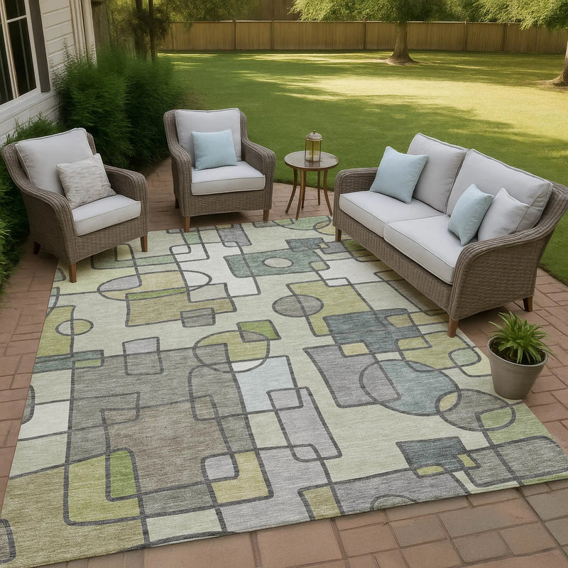9' X 12' Fern Green And Green Geometric Washable Indoor Outdoor Area Rug Homeroots Outdoor