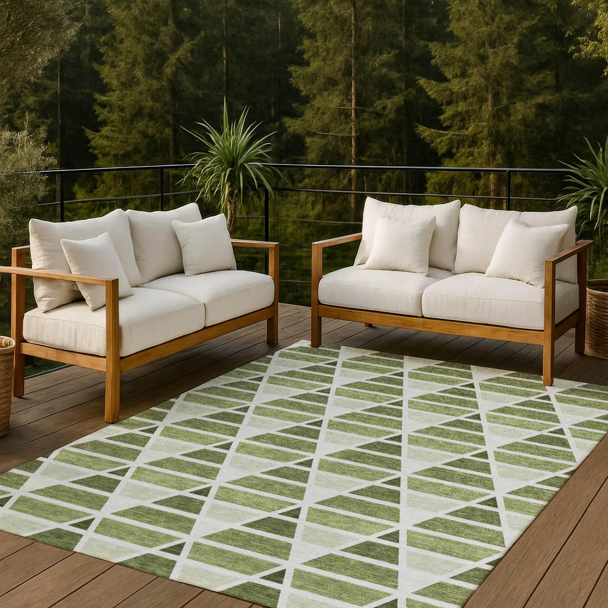9' X 12' Fern Green And Green Geometric Washable Indoor Outdoor Area Rug Homeroots Outdoor