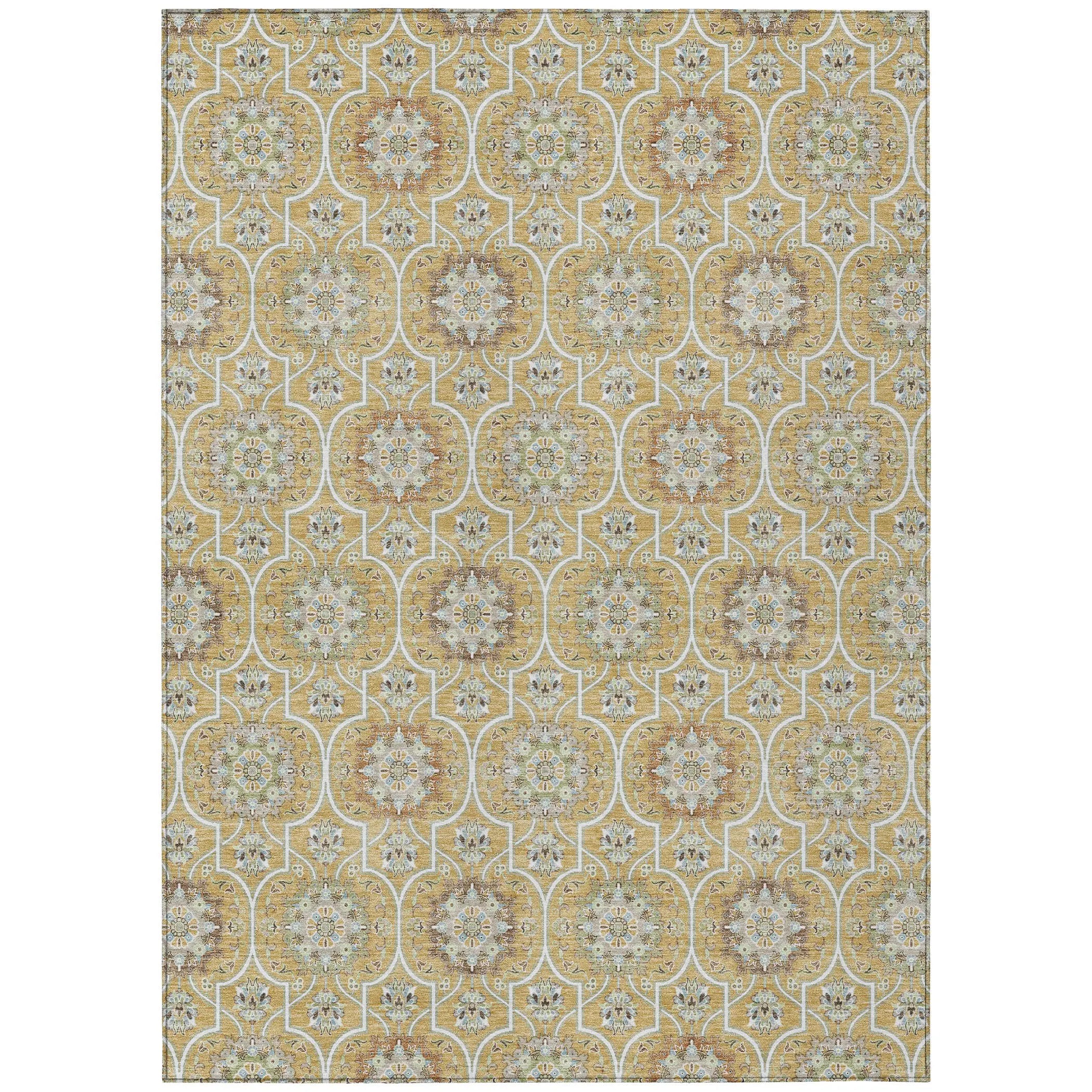 9' X 12' Gold And Beige Floral Medallion Washable Indoor Outdoor Area Rug Homeroots Outdoor