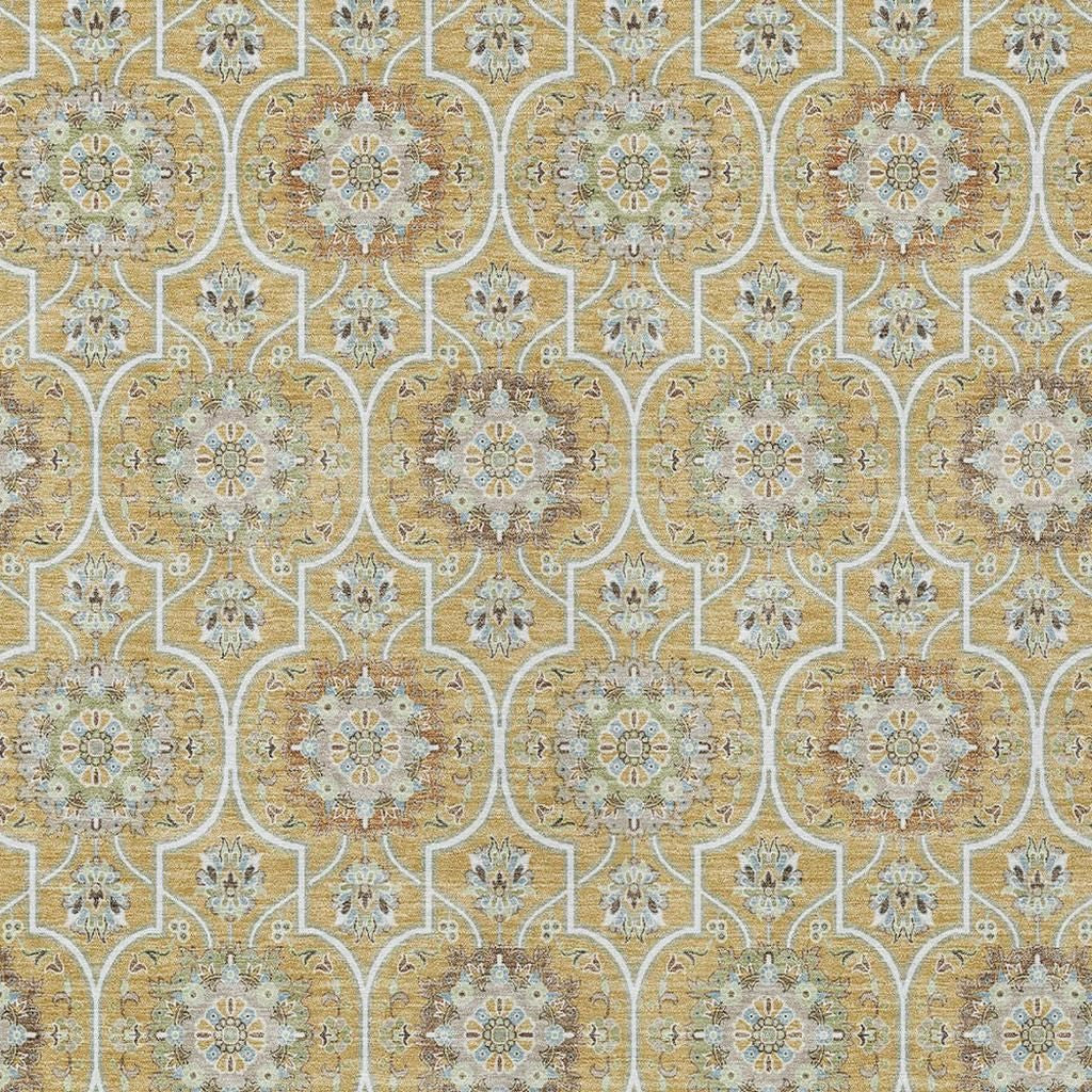 9' X 12' Gold And Beige Floral Medallion Washable Indoor Outdoor Area Rug Homeroots Outdoor