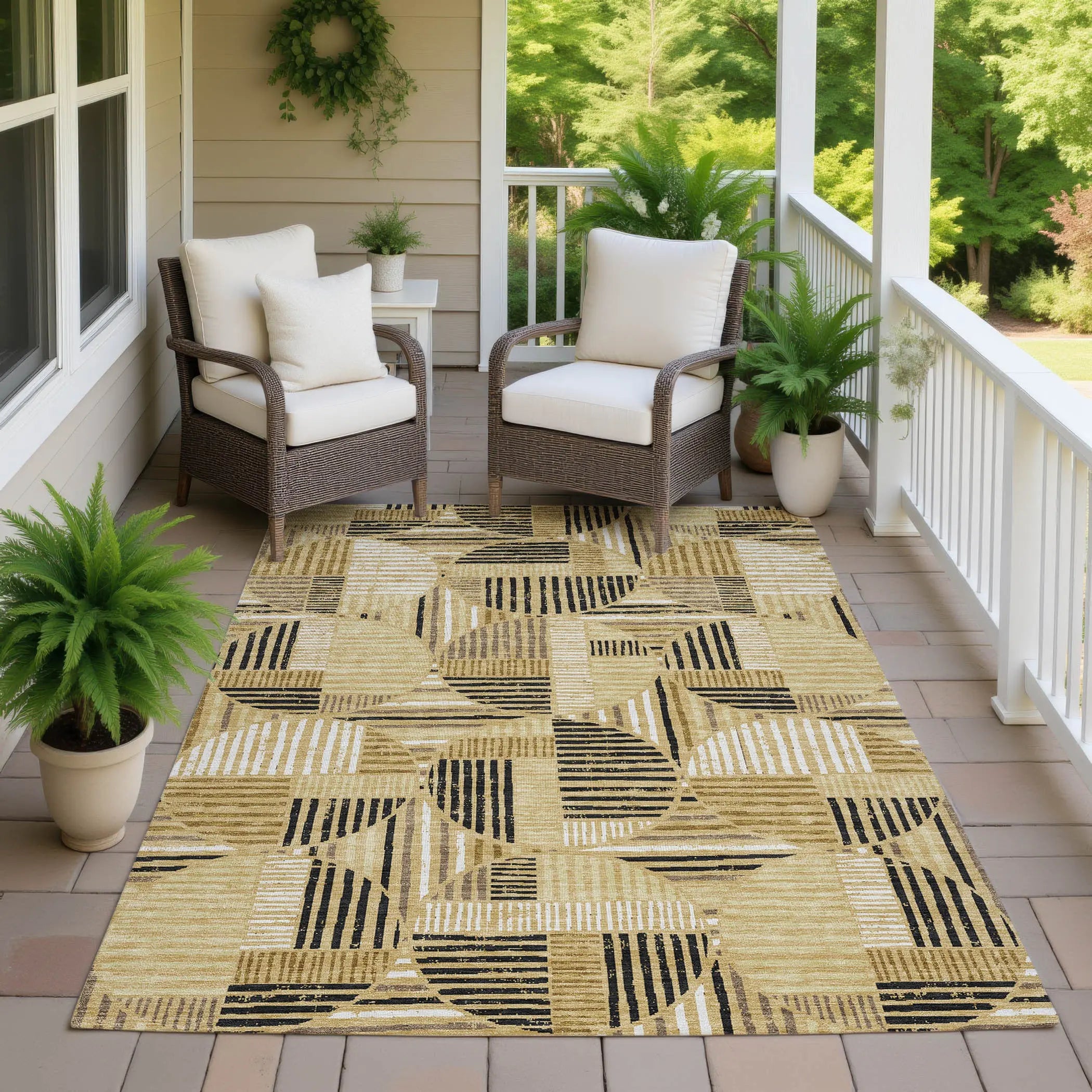 9' X 12' Gold And Blue Geometric Washable Indoor Outdoor Area Rug Homeroots Outdoor