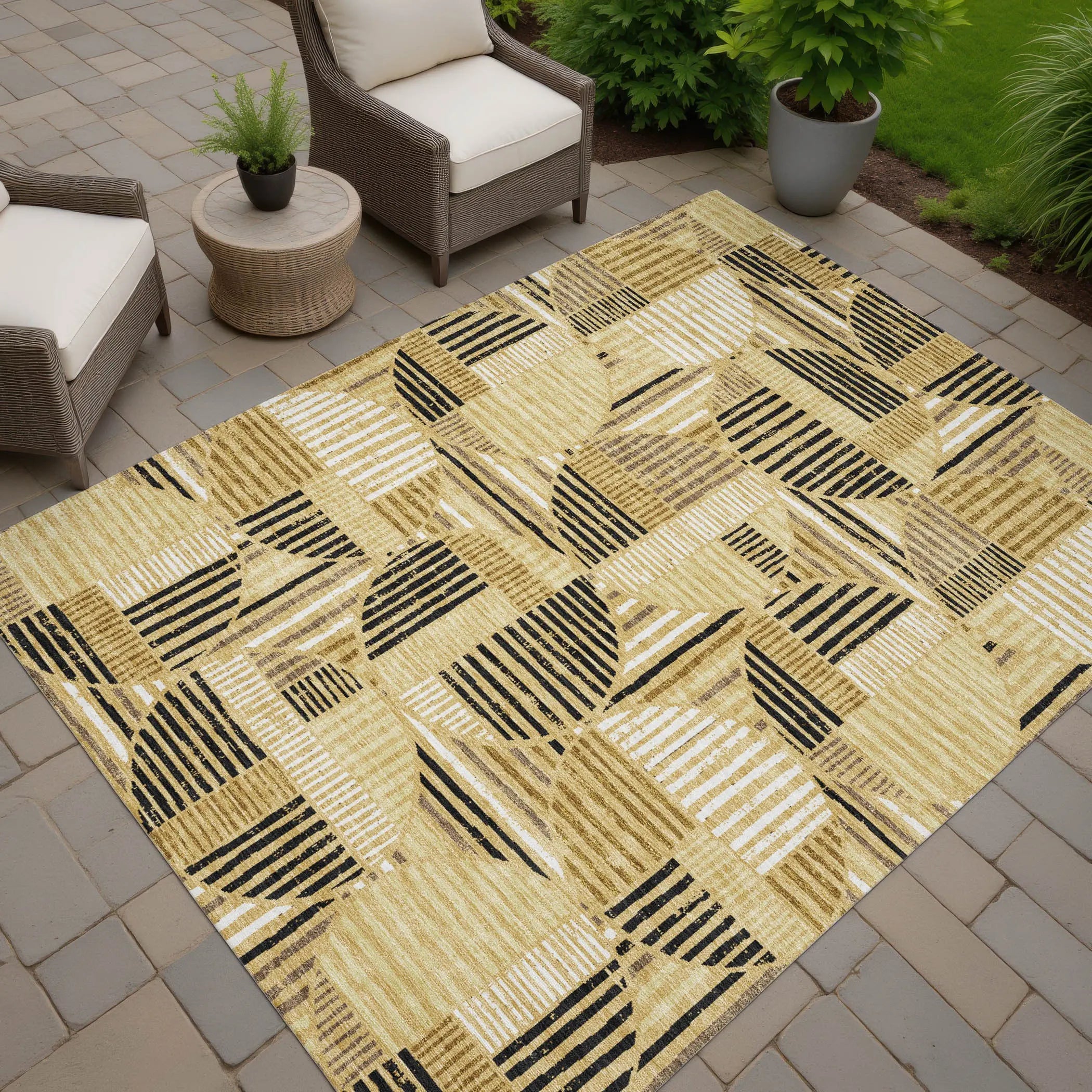 9' X 12' Gold And Blue Geometric Washable Indoor Outdoor Area Rug Homeroots Outdoor
