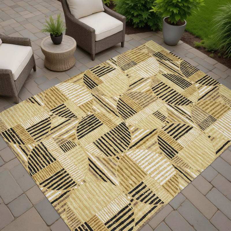 9' X 12' Gold And Blue Geometric Washable Indoor Outdoor Area Rug Homeroots Outdoor