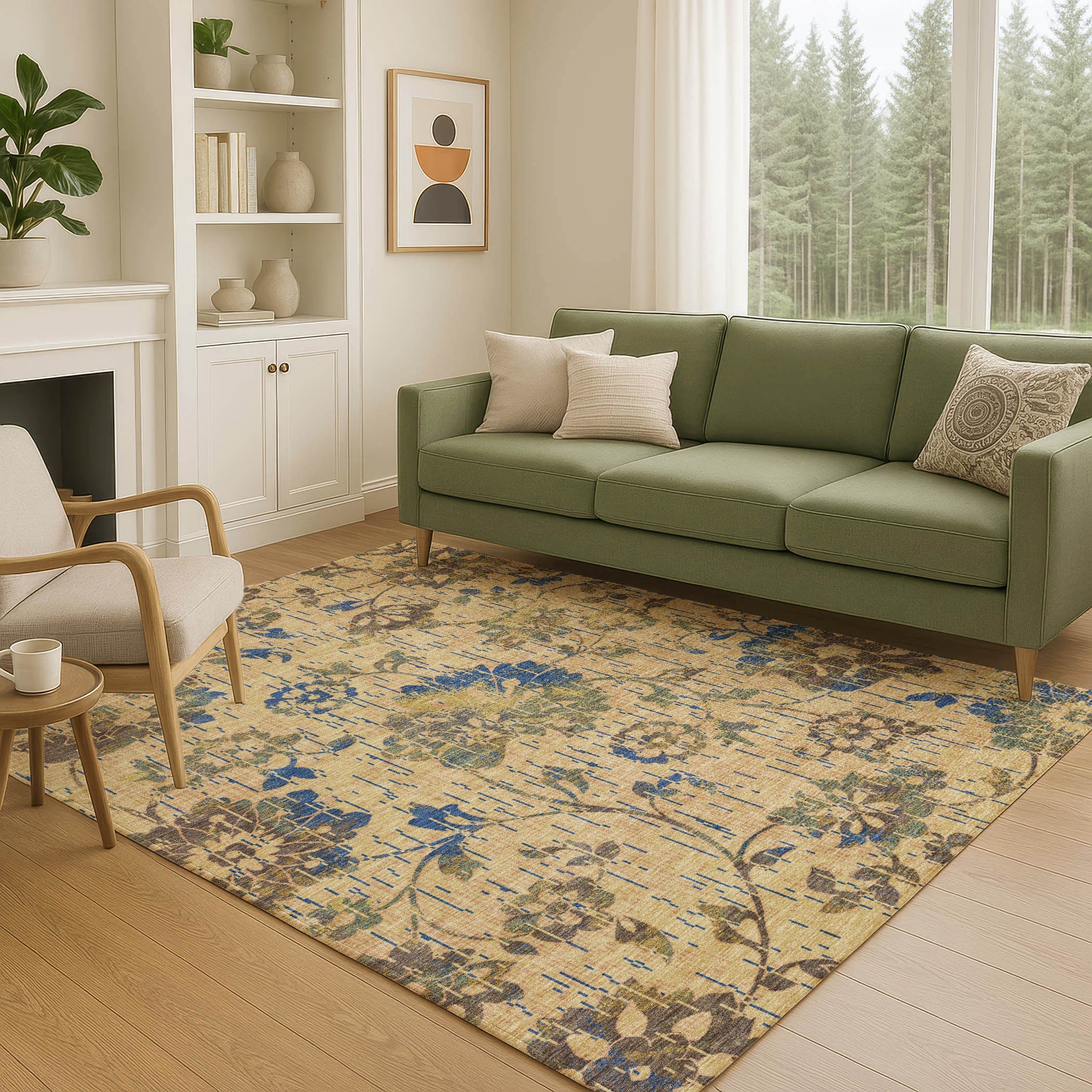 9' X 12' Gold And Brown Floral Washable Indoor Outdoor Area Rug Homeroots Outdoor