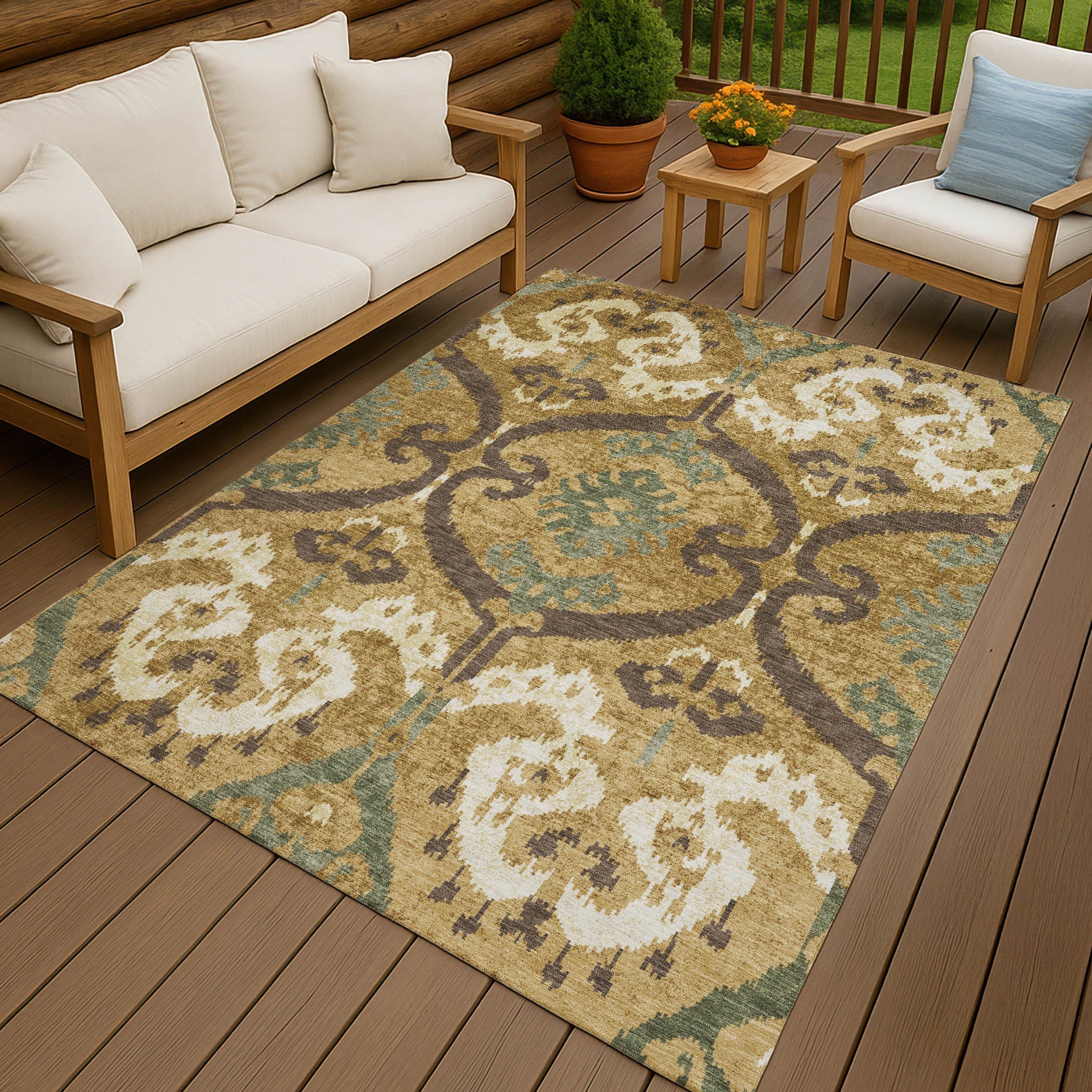 9' X 12' Gold And Brown Ikat Washable Indoor Outdoor Area Rug Homeroots Outdoor
