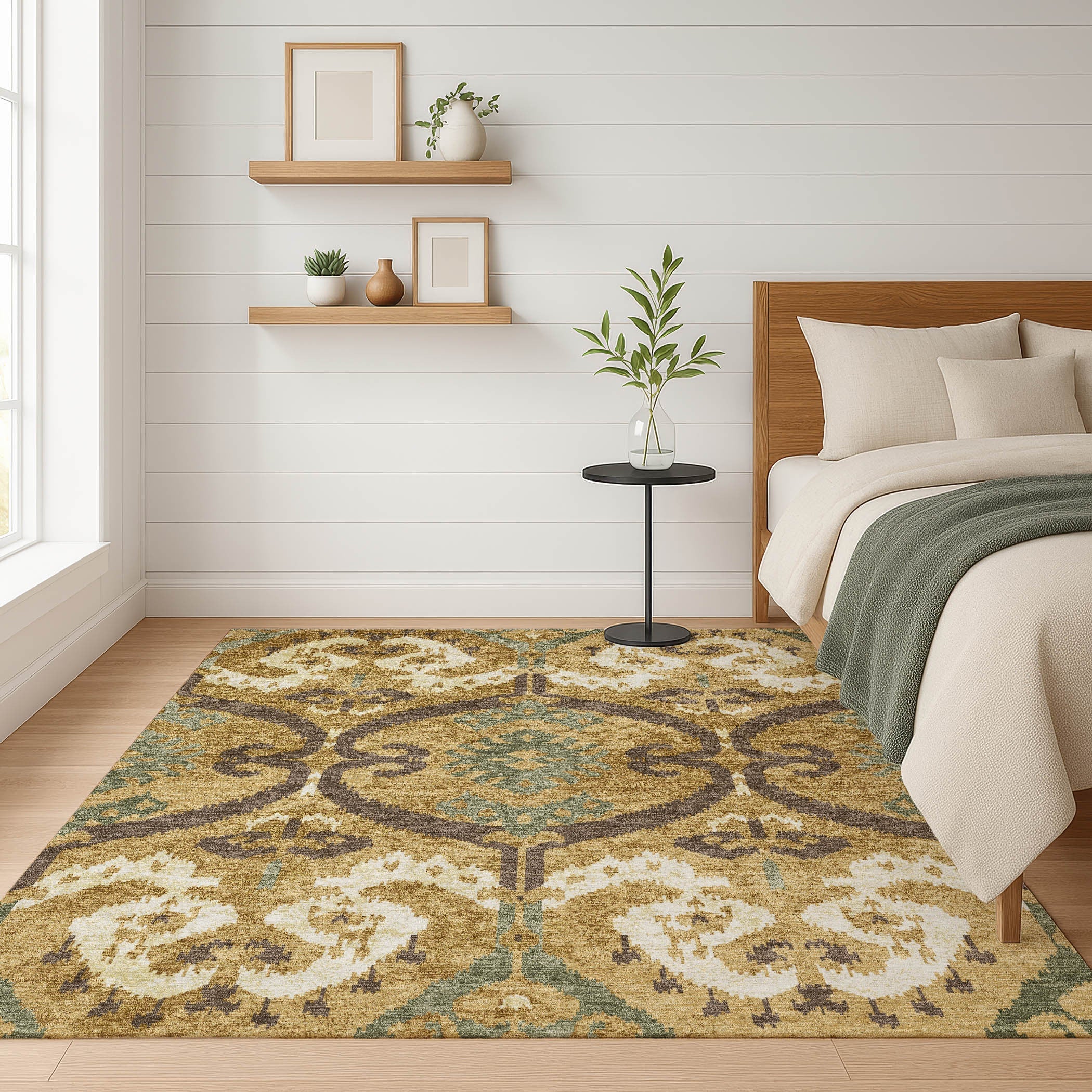 9' X 12' Gold And Brown Ikat Washable Indoor Outdoor Area Rug Homeroots Outdoor