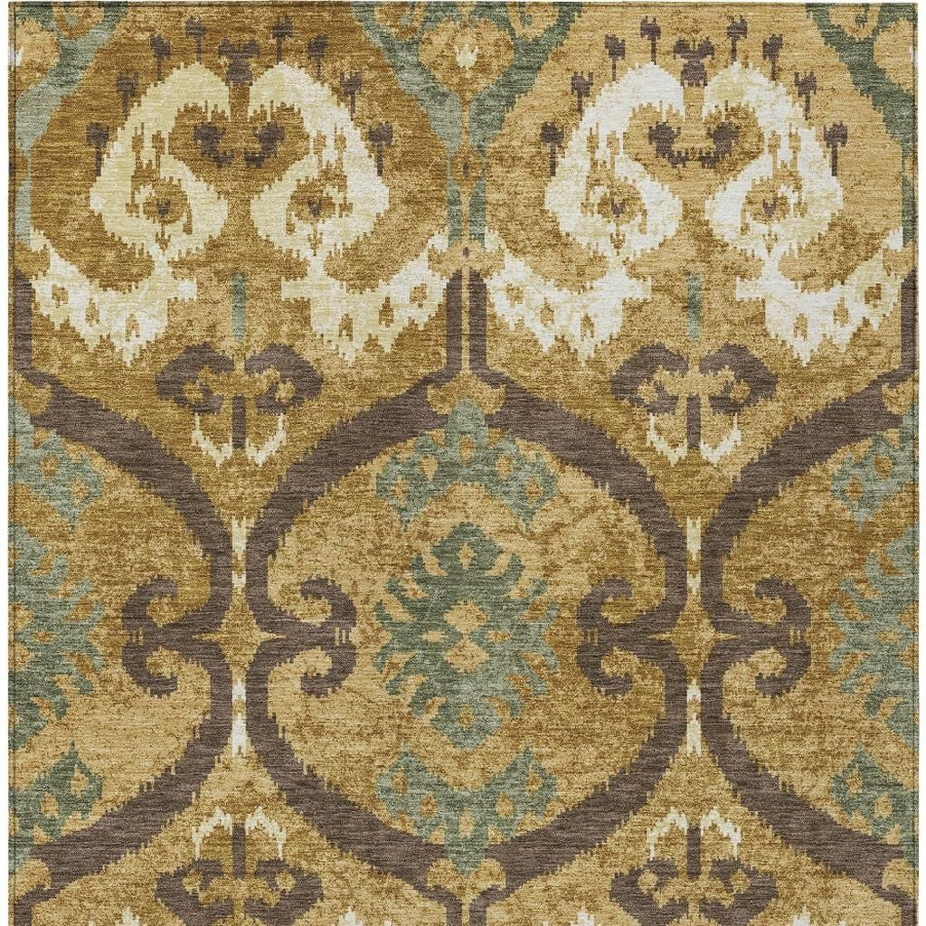9' X 12' Gold And Brown Ikat Washable Indoor Outdoor Area Rug Homeroots Outdoor