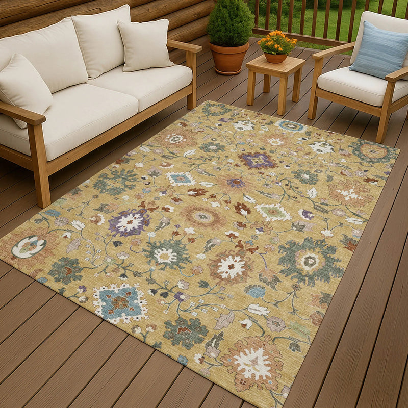 9' X 12' Gold And Copper Floral Medallion Washable Indoor Outdoor Area Rug Homeroots Outdoor