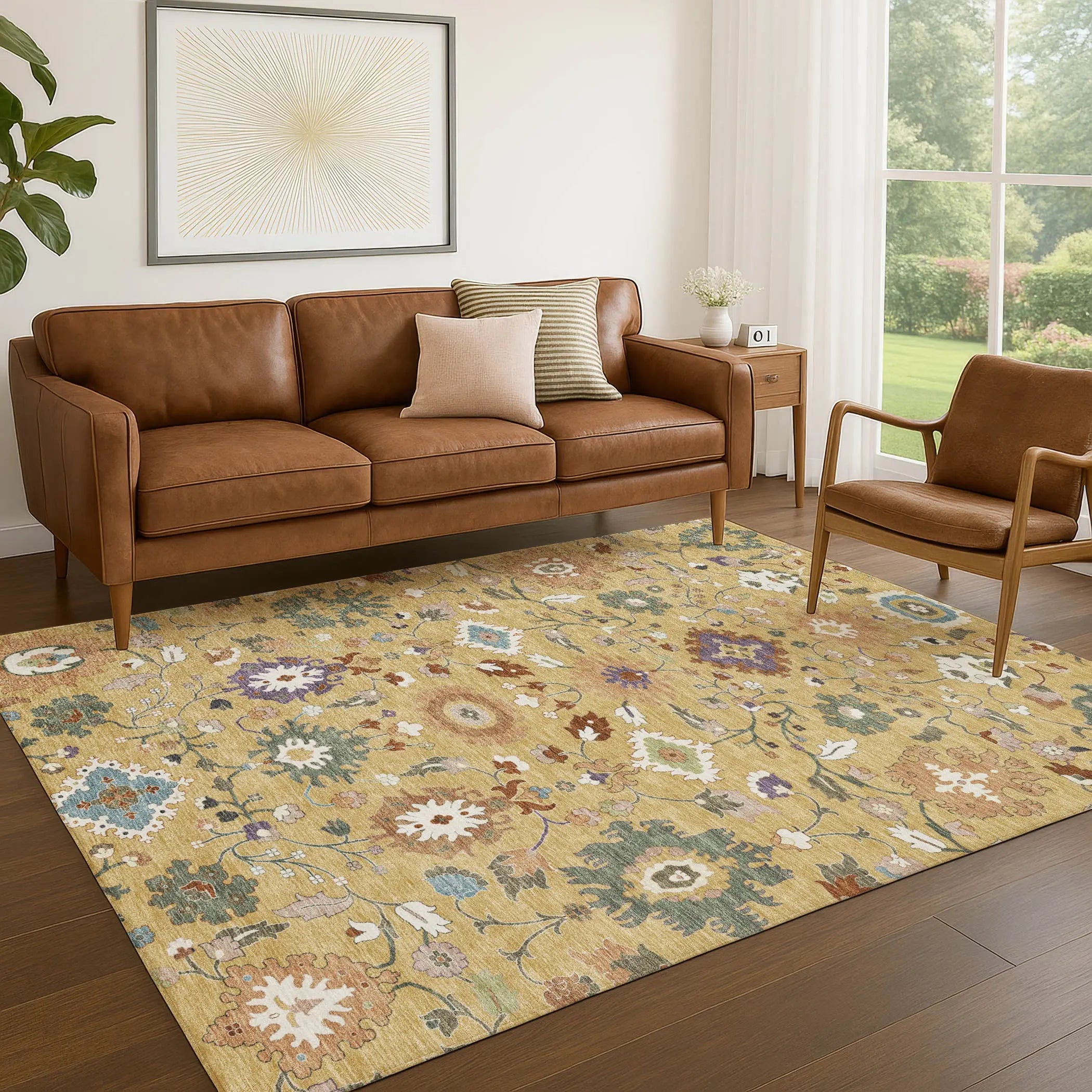 9' X 12' Gold And Copper Floral Medallion Washable Indoor Outdoor Area Rug Homeroots Outdoor