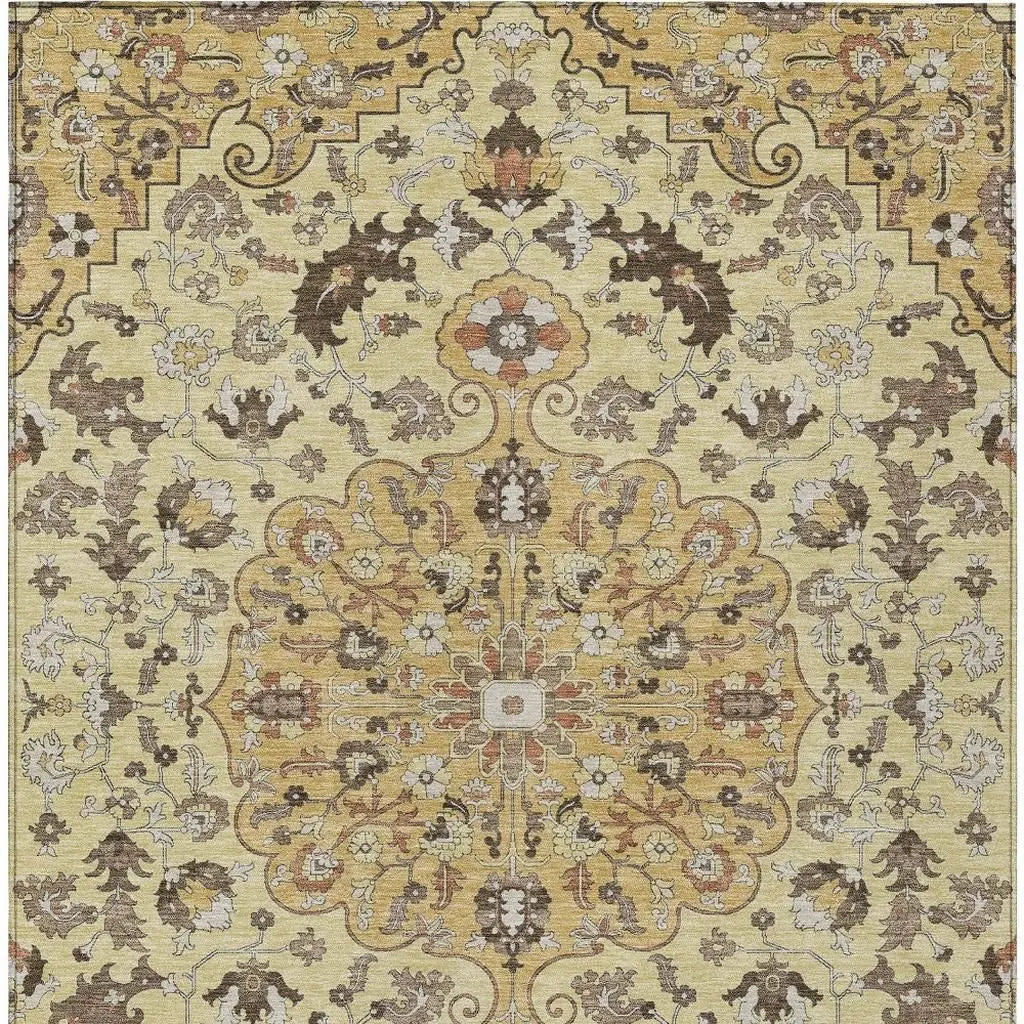 9' X 12' Gold And Copper Floral Medallion Washable Indoor Outdoor Area Rug Homeroots Outdoor