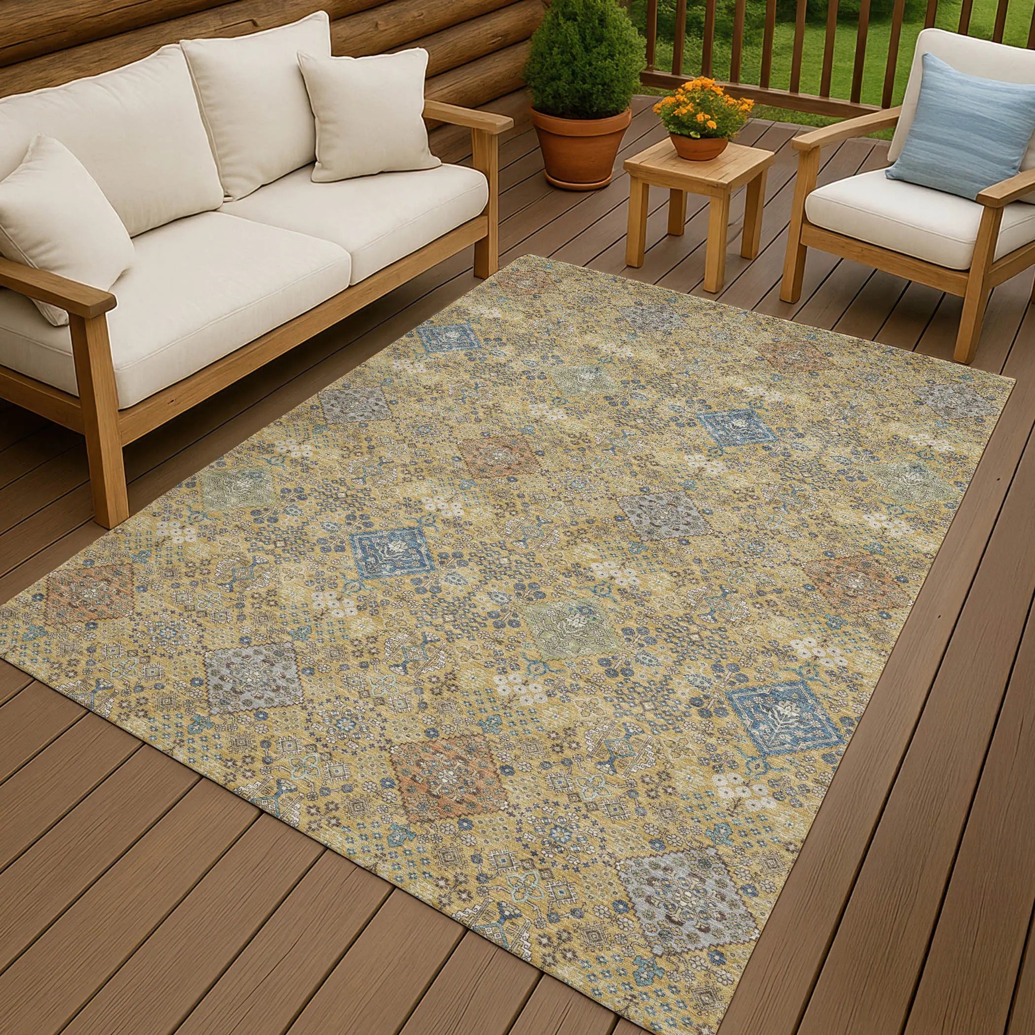 9' X 12' Gold And Copper Oriental Washable Indoor Outdoor Area Rug Homeroots Outdoor