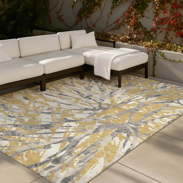 9' X 12' Gold And Ivory Abstract Washable Indoor Outdoor Area Rug Homeroots Outdoor