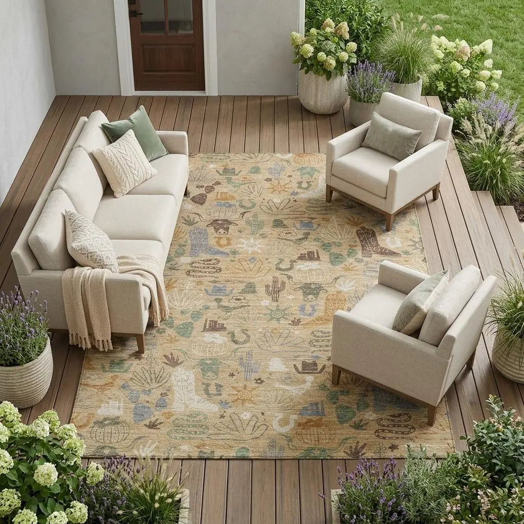 9' X 12' Gold And Ivory Cactus Washable Indoor Outdoor Area Rug Homeroots Outdoor
