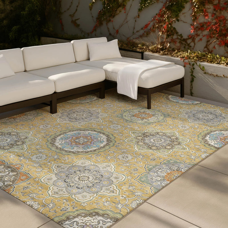 9' X 12' Gold And Ivory Floral Medallion Washable Indoor Outdoor Area Rug Homeroots Outdoor