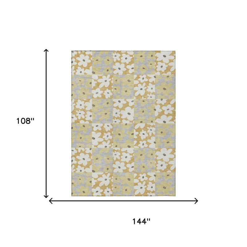 9' X 12' Gold And Ivory Floral Washable Indoor Outdoor Area Rug Homeroots Outdoor