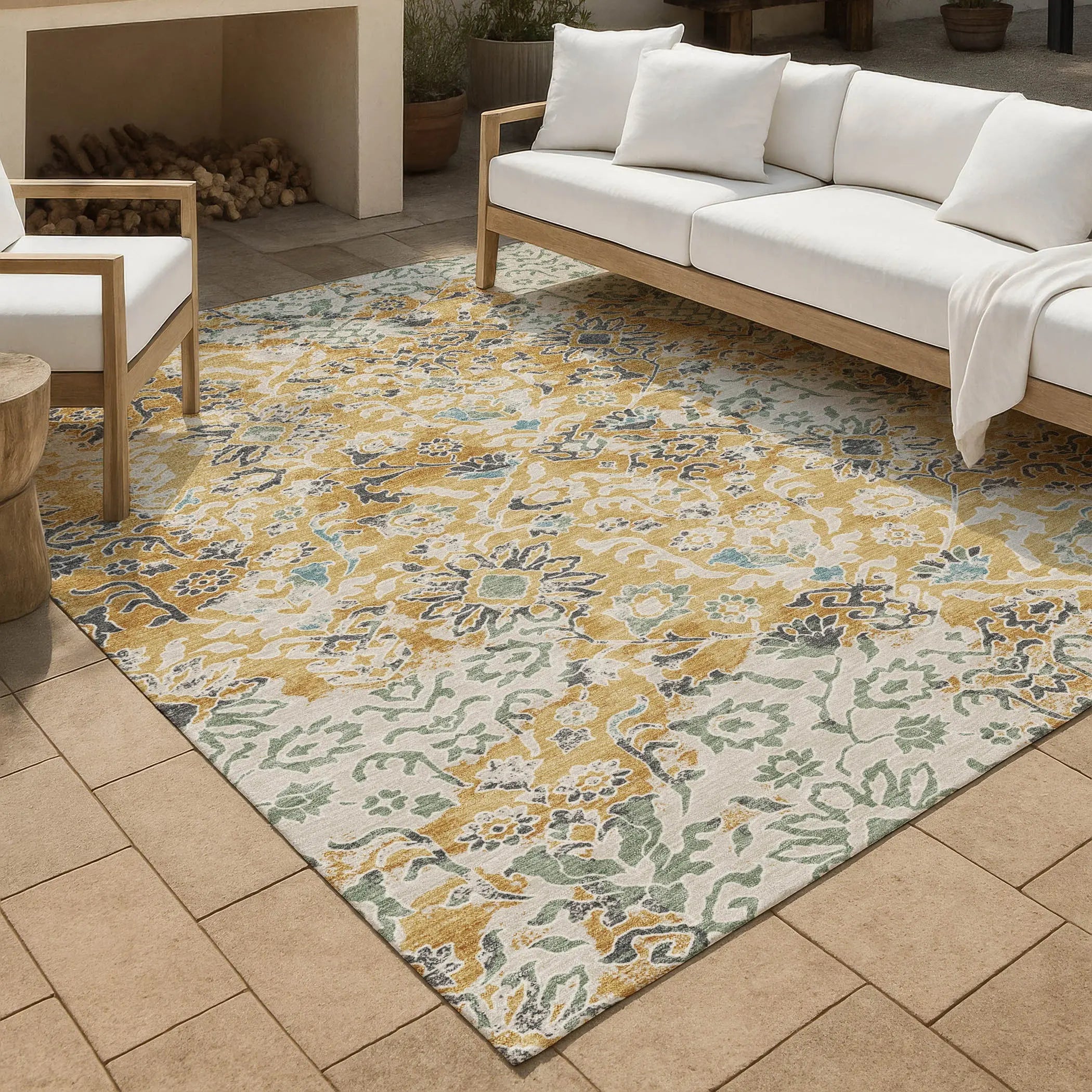 9' X 12' Gold And Ivory Geometric Washable Indoor Outdoor Area Rug Homeroots Outdoor