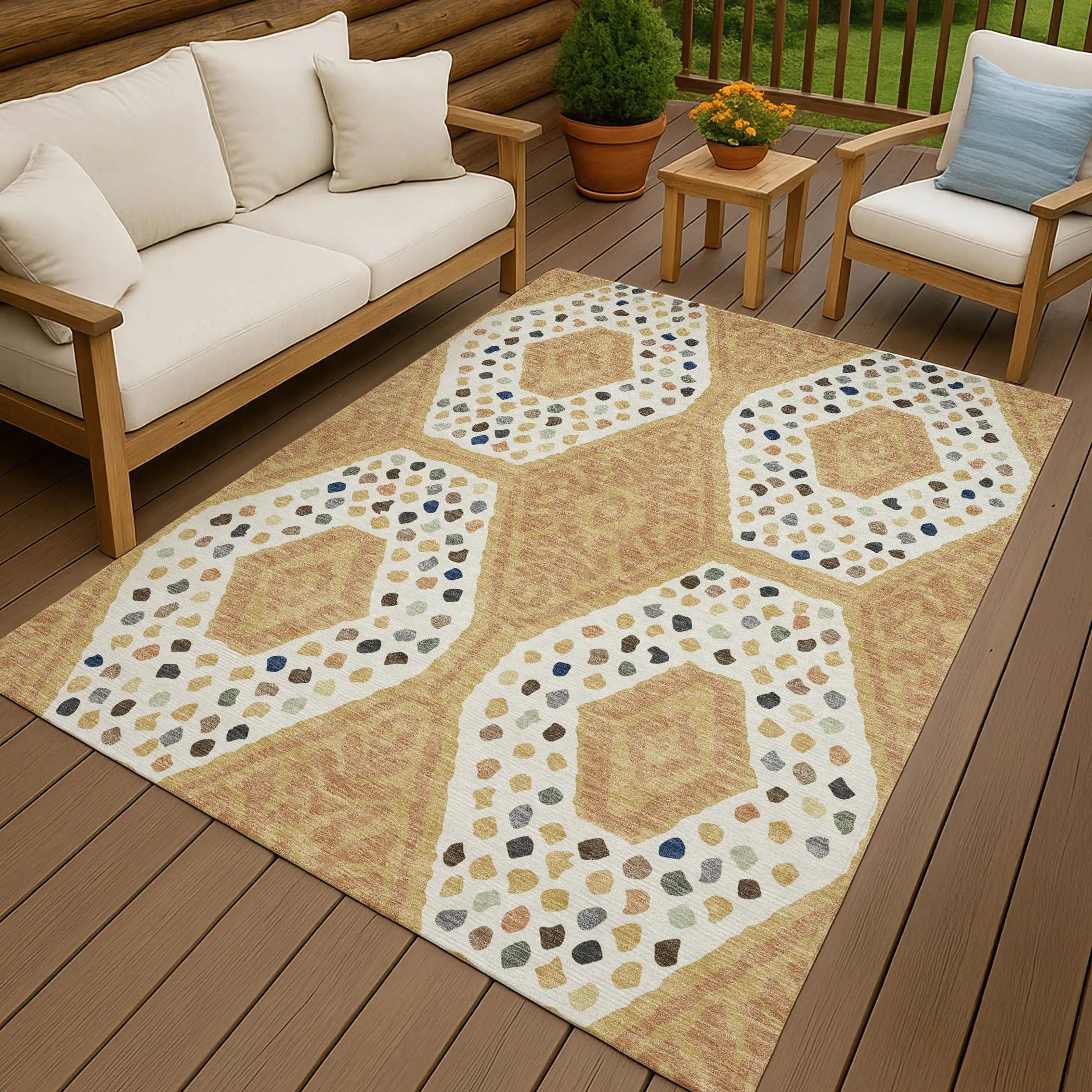 9' X 12' Gold And Ivory Tribal Washable Indoor Outdoor Area Rug Homeroots Outdoor