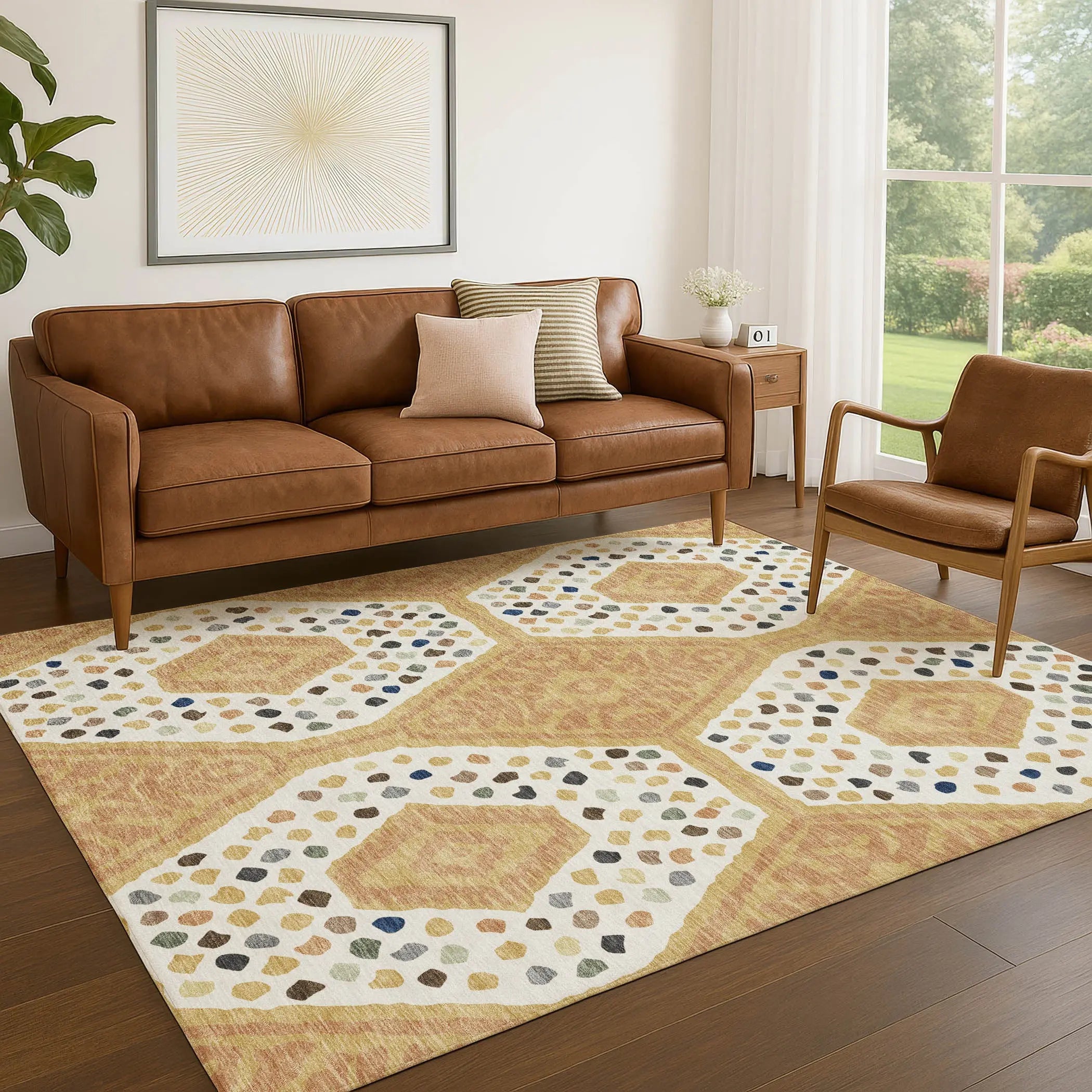 9' X 12' Gold And Ivory Tribal Washable Indoor Outdoor Area Rug Homeroots Outdoor