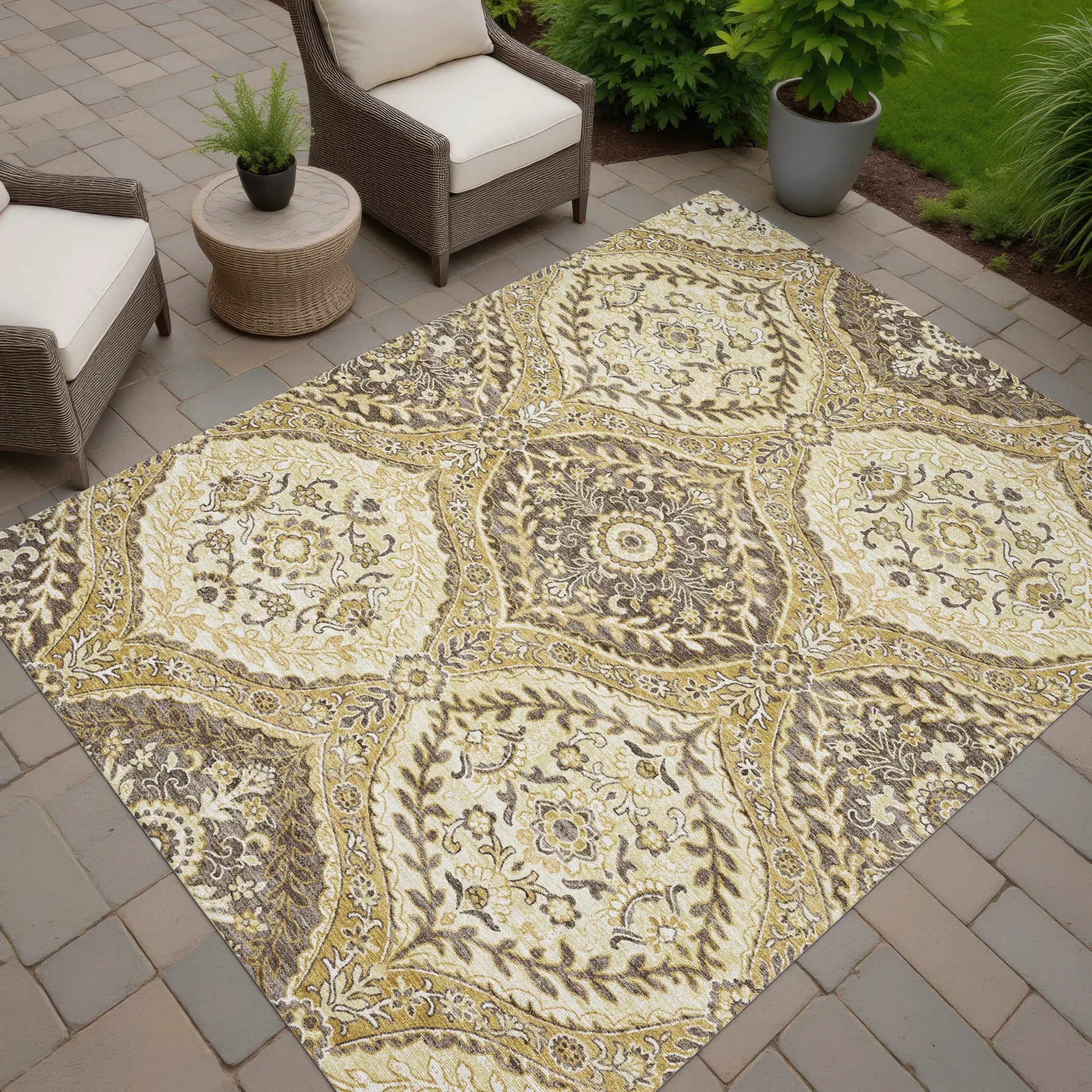 9' X 12' Gold And Khaki Ogee Washable Indoor Outdoor Area Rug Homeroots Outdoor