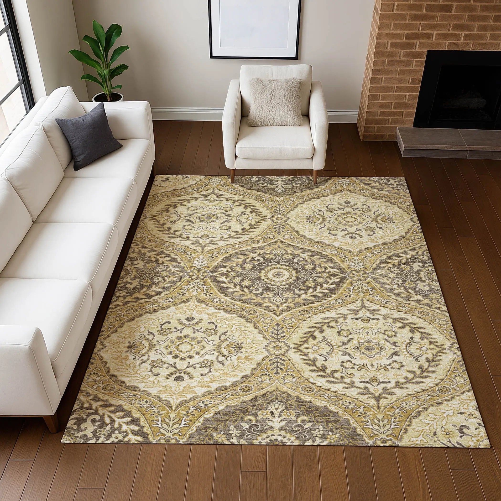 9' X 12' Gold And Khaki Ogee Washable Indoor Outdoor Area Rug Homeroots Outdoor