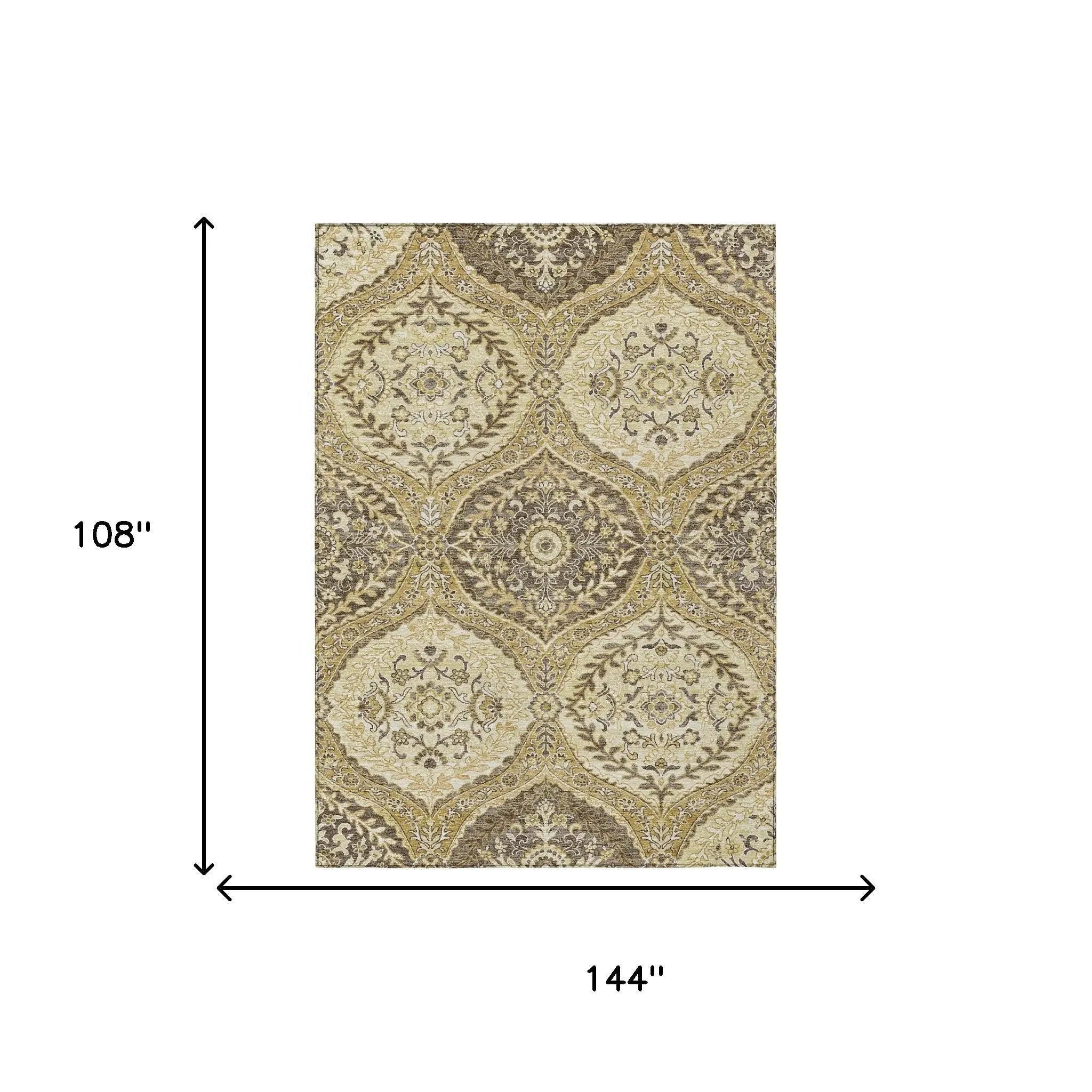 9' X 12' Gold And Khaki Ogee Washable Indoor Outdoor Area Rug Homeroots Outdoor