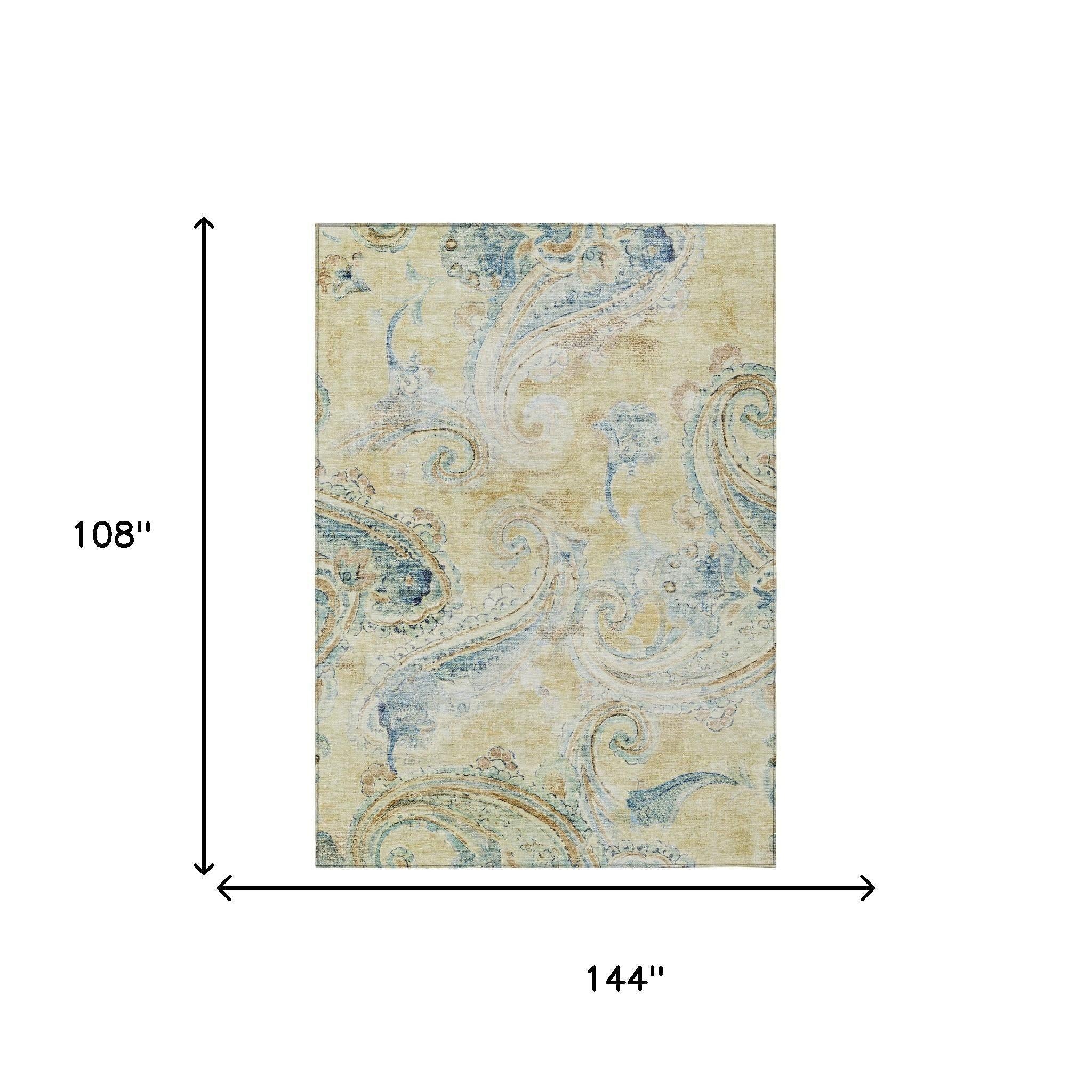 9' X 12' Gold And Mint Green Paisley Washable Indoor Outdoor Area Rug Homeroots Outdoor
