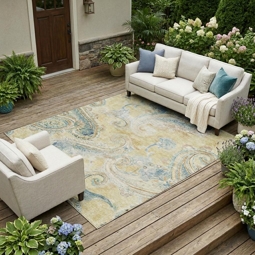 9' X 12' Gold And Mint Green Paisley Washable Indoor Outdoor Area Rug Homeroots Outdoor