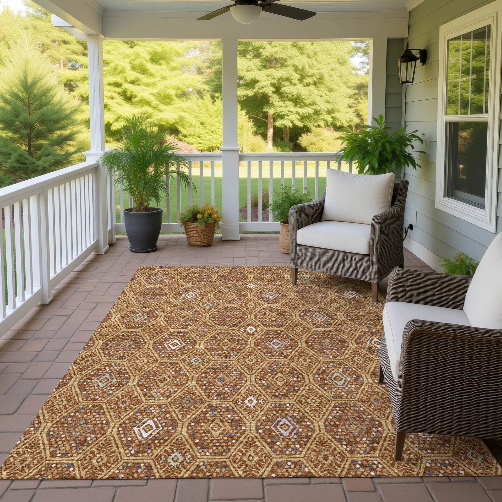 9' X 12' Gold And Orange Geometric Washable Indoor Outdoor Area Rug Homeroots Outdoor