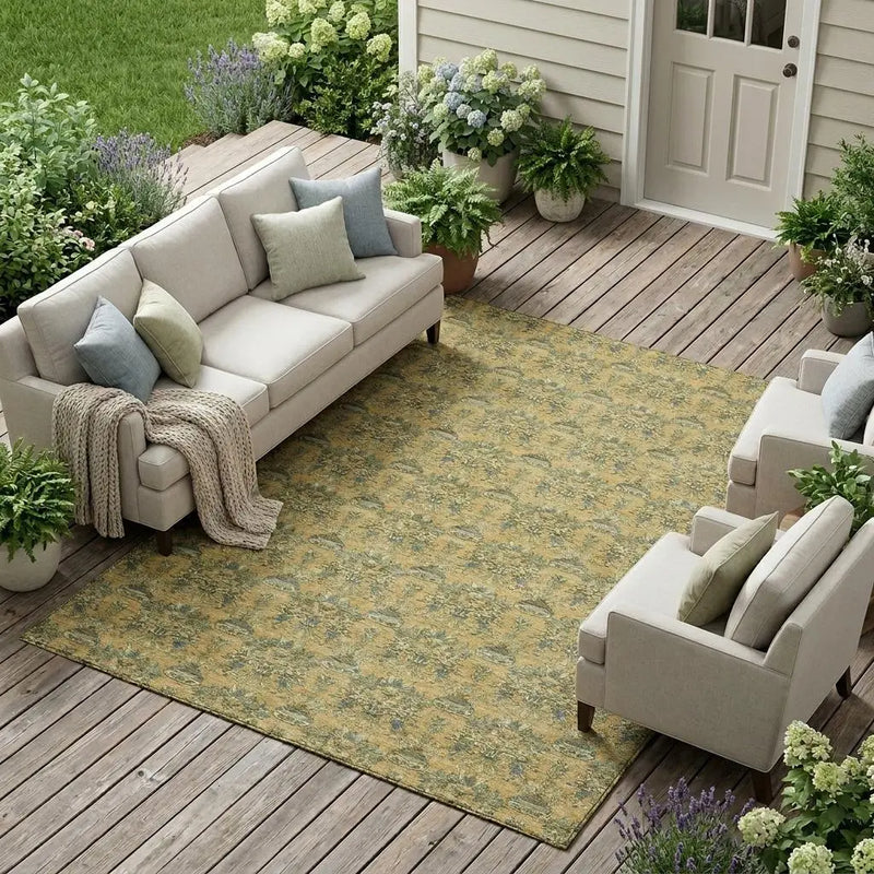 9' X 12' Gold And Silver Floral Washable Indoor Outdoor Area Rug Homeroots Outdoor