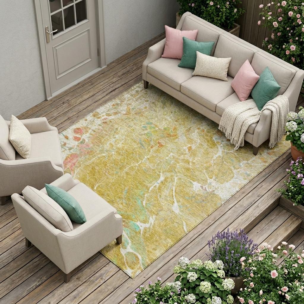 9' X 12' Gold And Wheat Abstract Washable Indoor Outdoor Area Rug Homeroots Outdoor