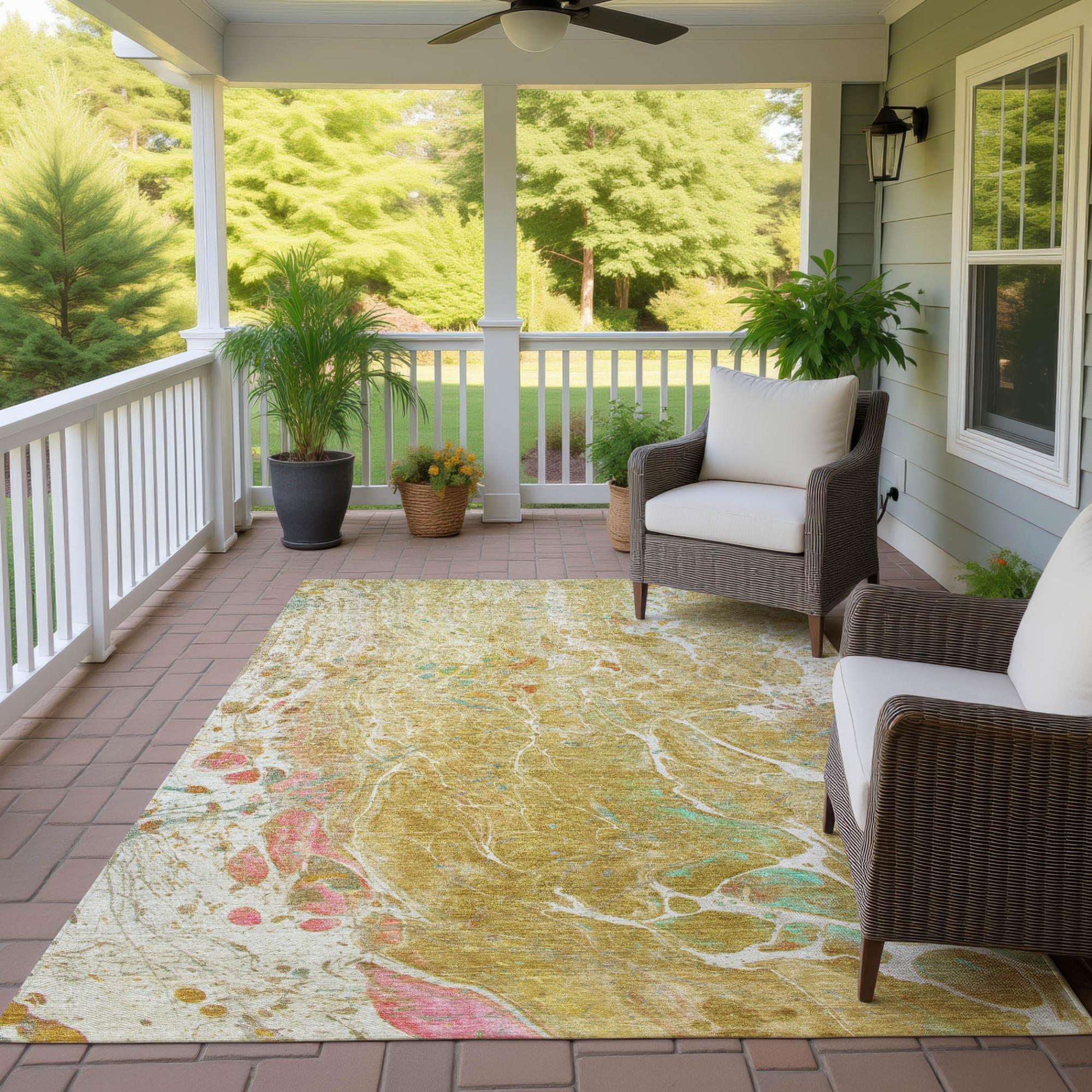9' X 12' Gold And Wheat Abstract Washable Indoor Outdoor Area Rug Homeroots Outdoor