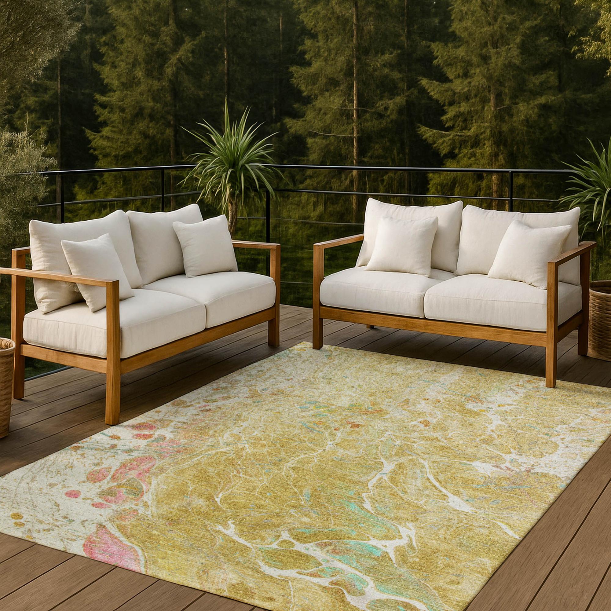 9' X 12' Gold And Wheat Abstract Washable Indoor Outdoor Area Rug Homeroots Outdoor